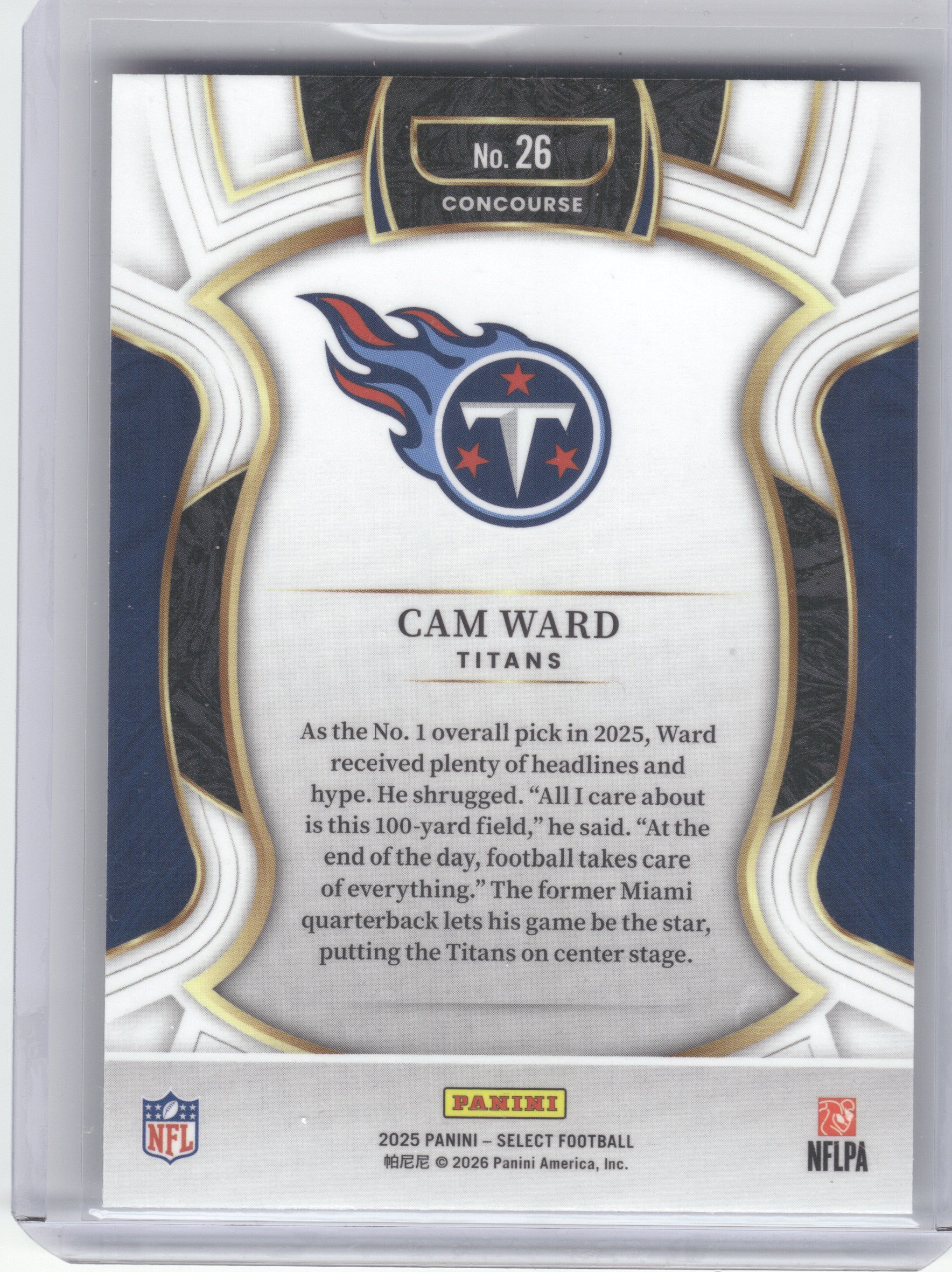 2025 Panini Select #26 Cam Ward Tennessee Titans RC