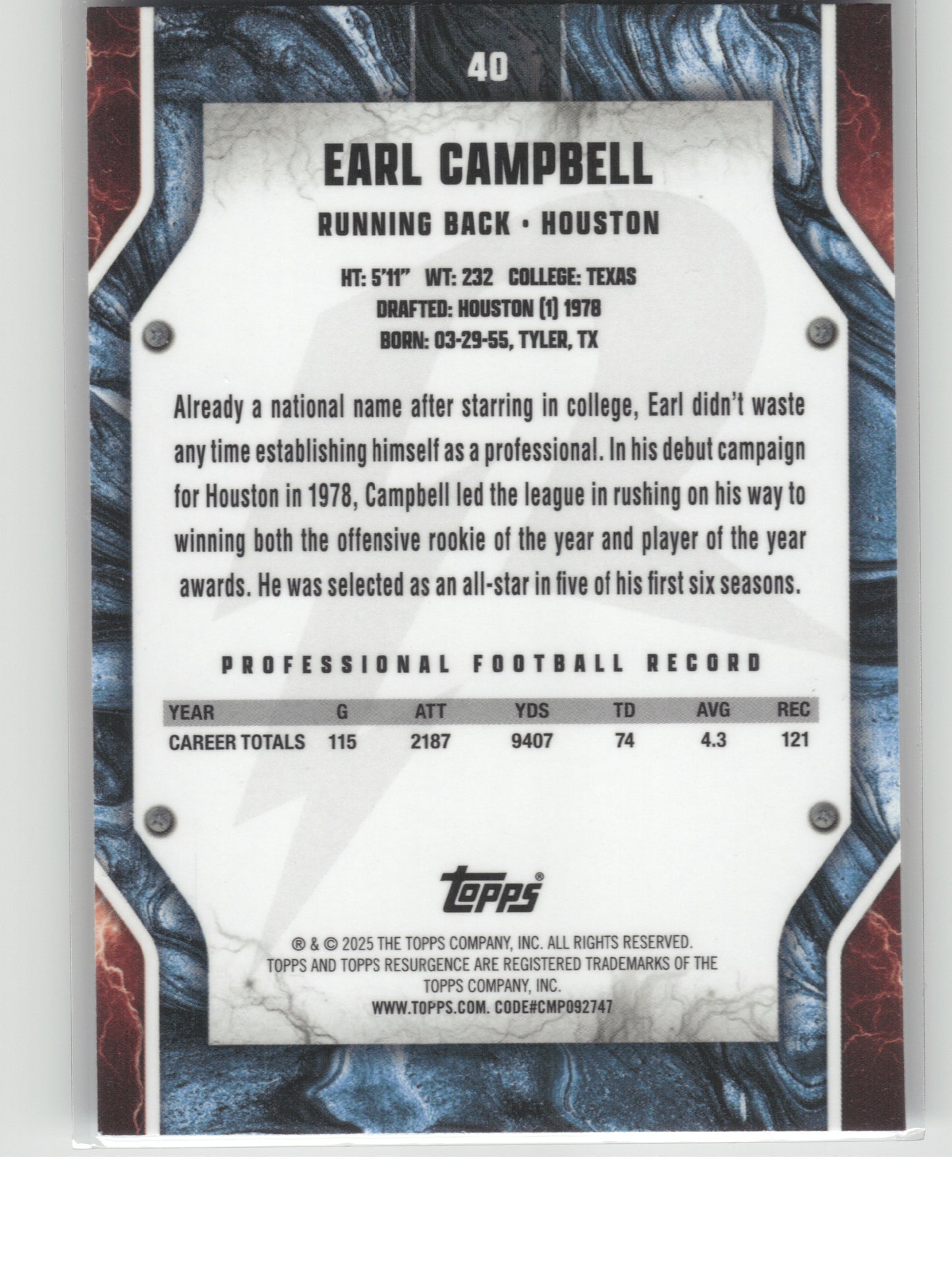 2024 Topps Resurgence #40 Earl Campbell Sky Blue & Pink Shock Houston Oilers