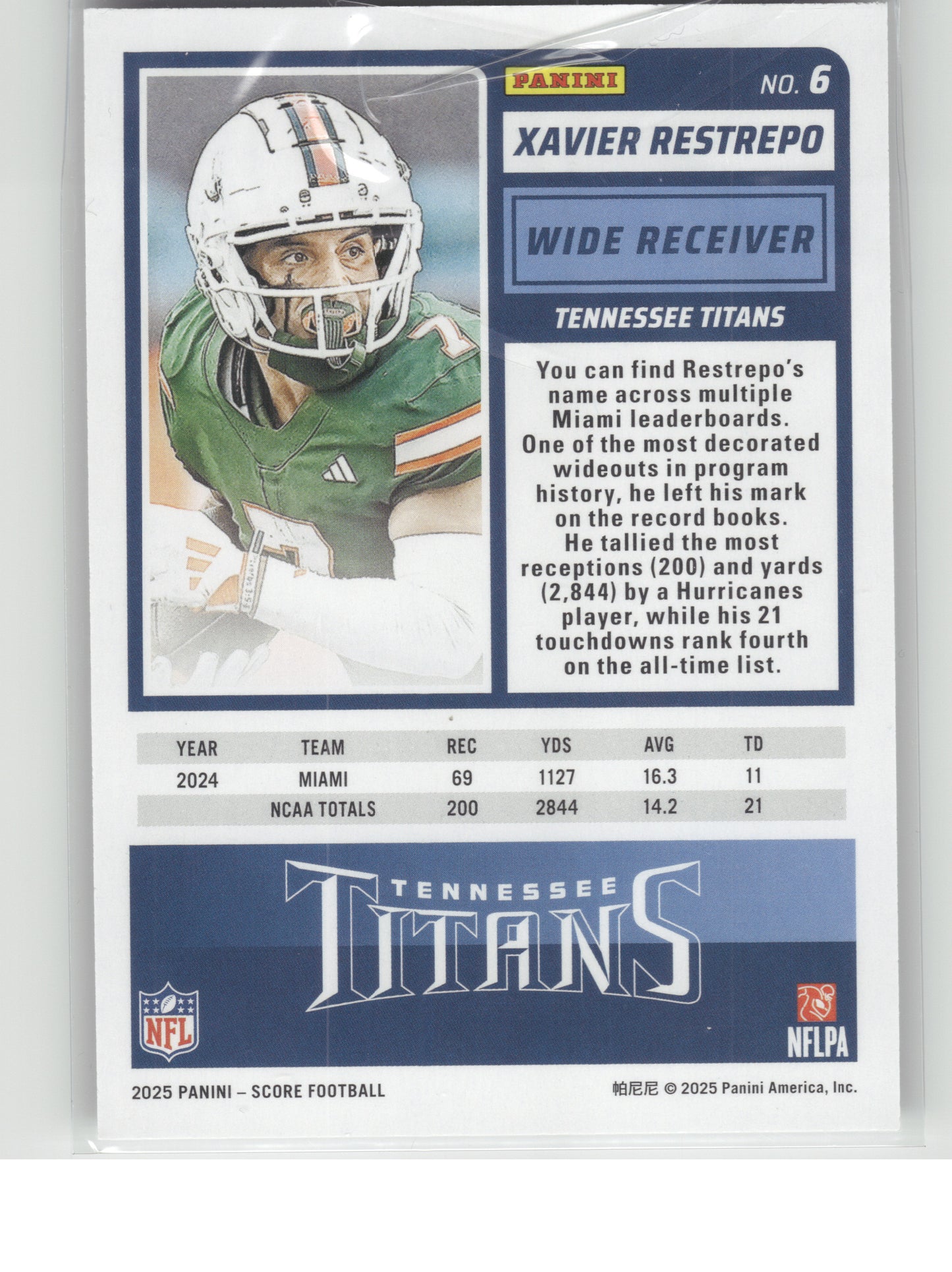 2025 Score #6 Xavier Restrepo Tennessee Titans RC