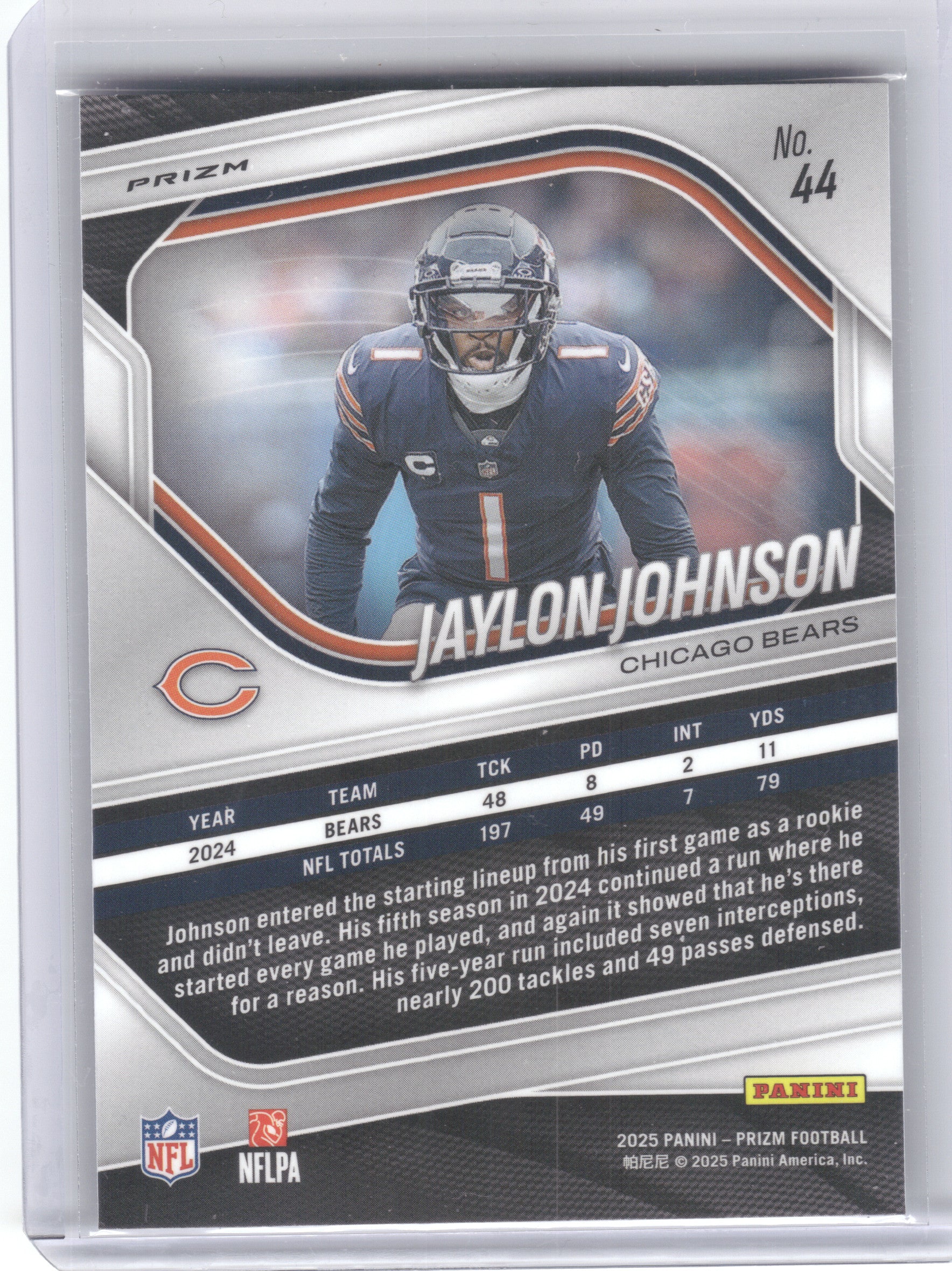 2025 Panini Prizm #44 Jaylon Johnson Silver Chicago Bears