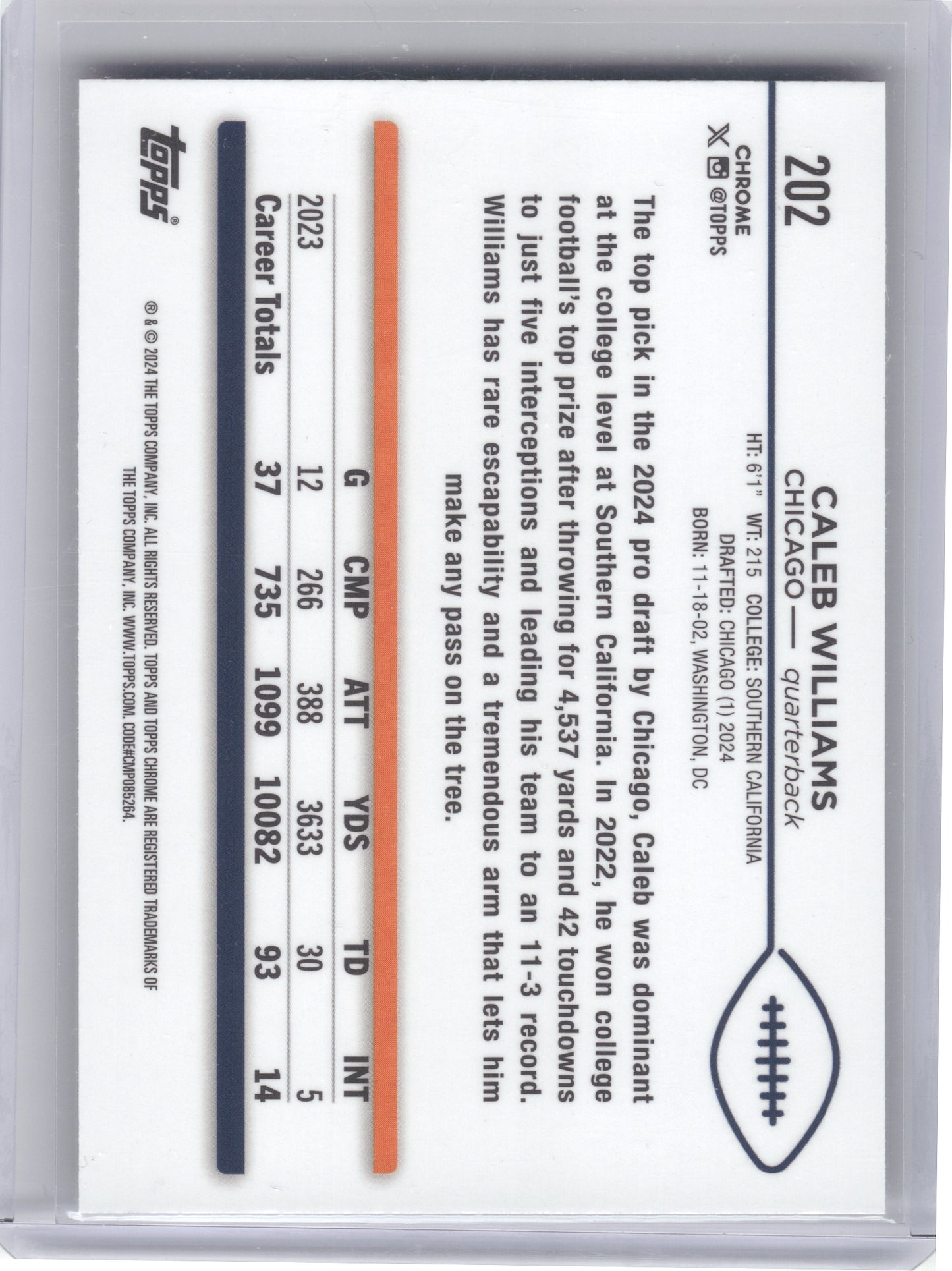 2024 Topps Chrome #202 Caleb Williams Chicago Bears RC