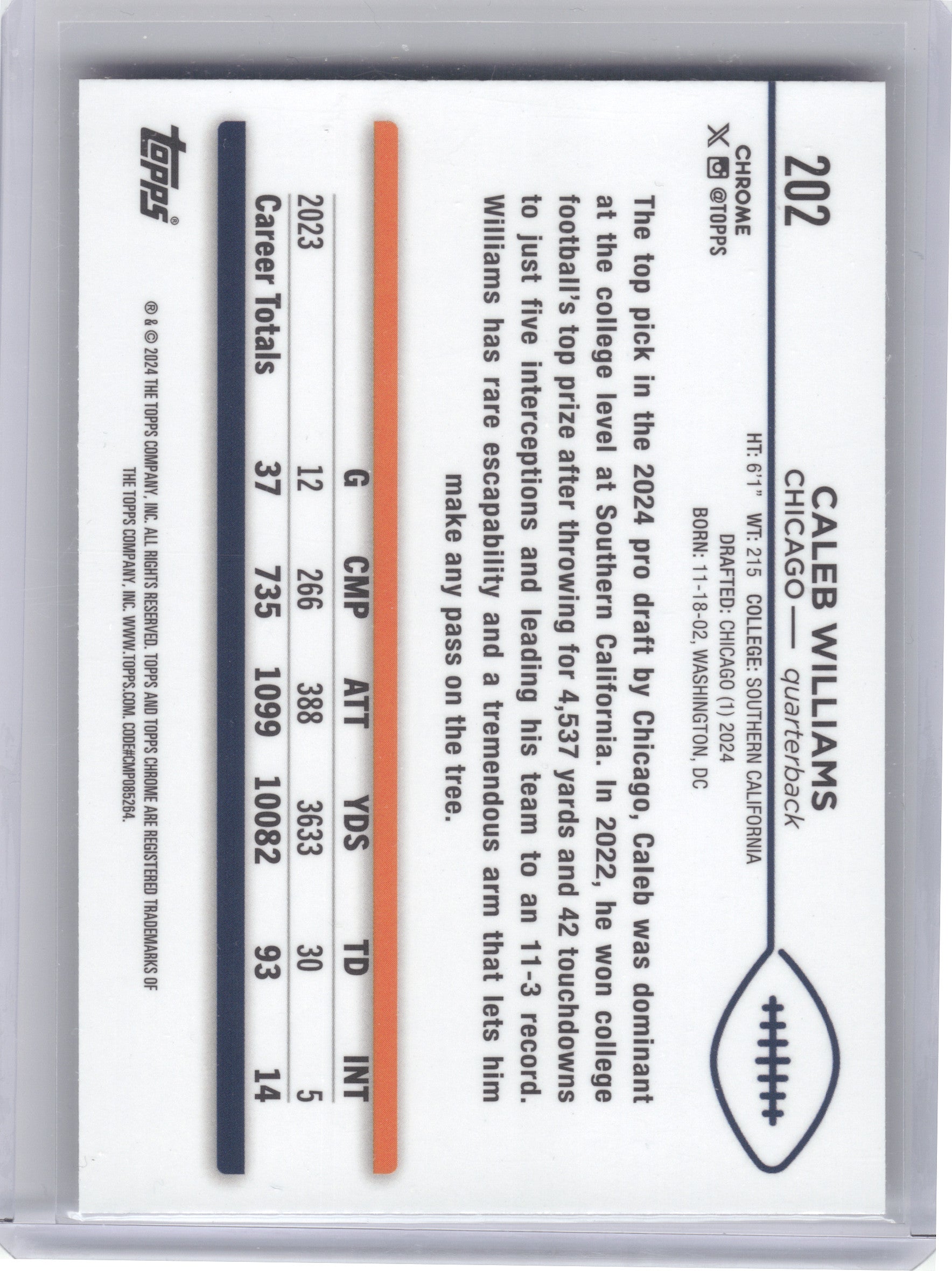 2024 Topps Chrome #202 Caleb Williams Chicago Bears RC