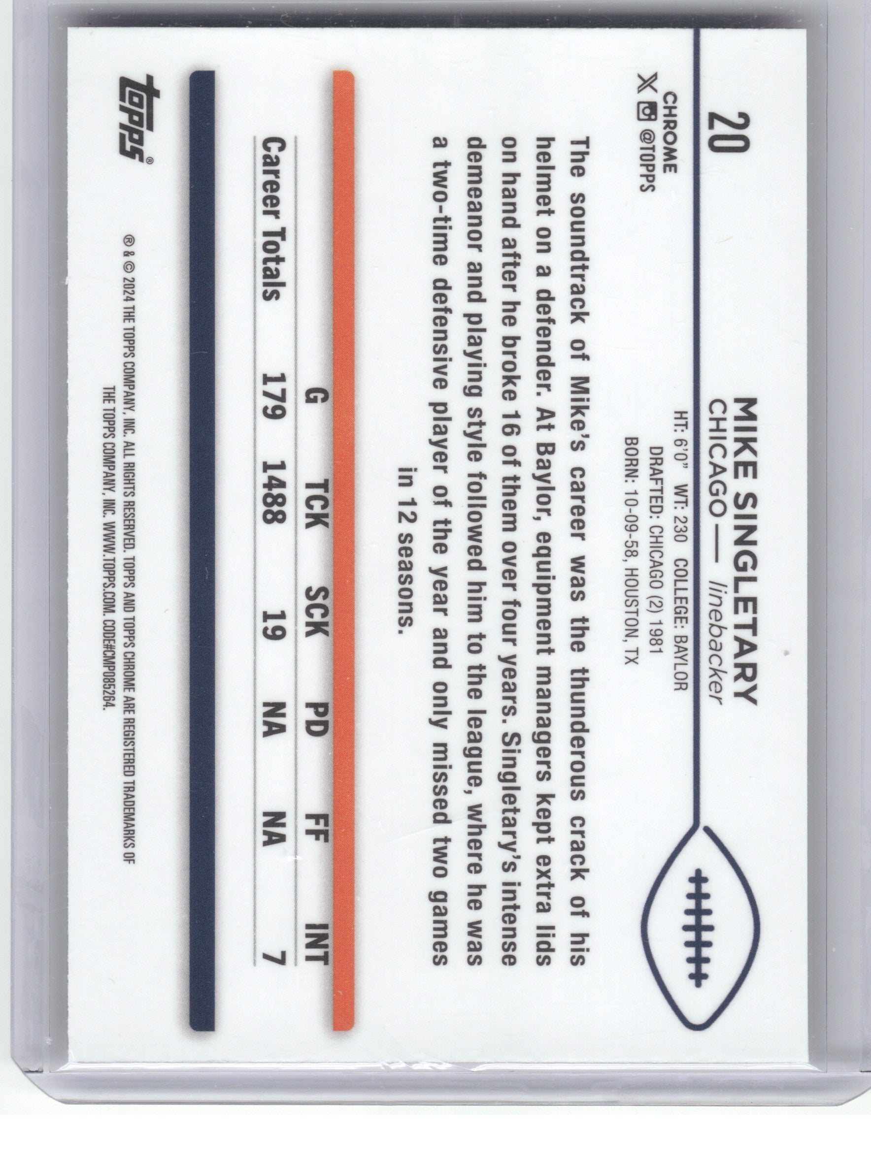 2024 Topps Chrome #20 Mike Singletary Magenta Speckle Refractor #/399 Chicago Bears SN