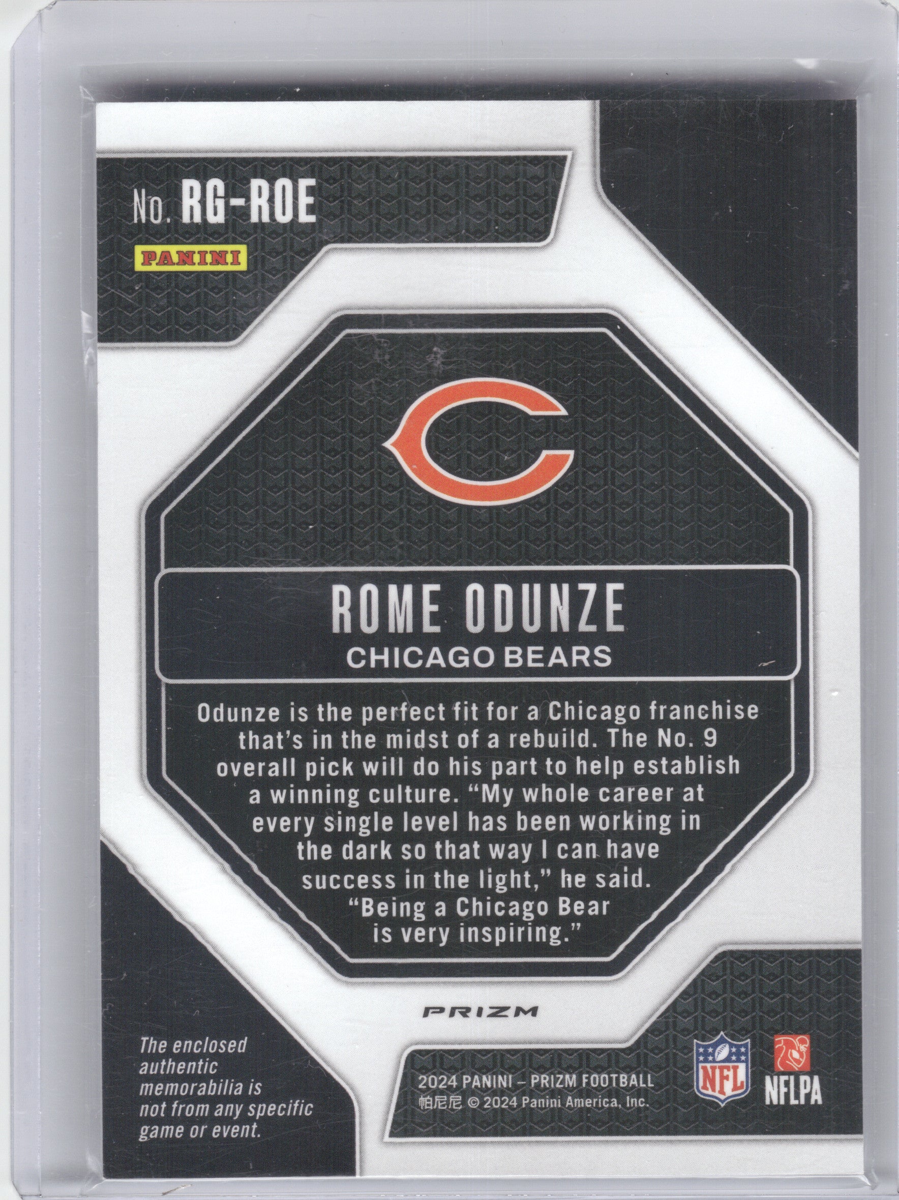 2024 Panini Prizm #RG-ROE Rome Odunze Rookie Gear Chicago Bears MEM