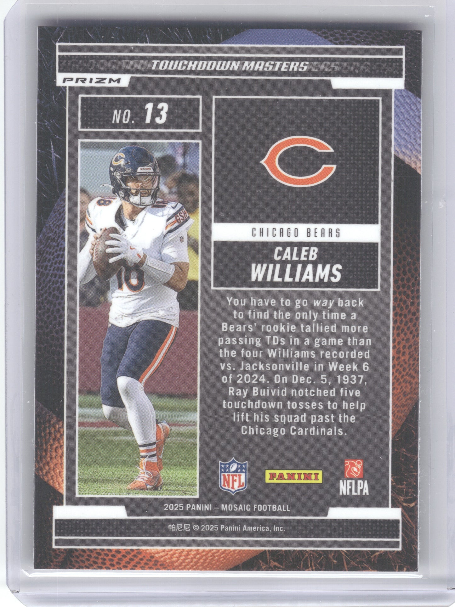 2025 Panini Mosaic #13 Caleb Williams Touchdown Masters Mosaic Orange Fluorescent Chicago Bears