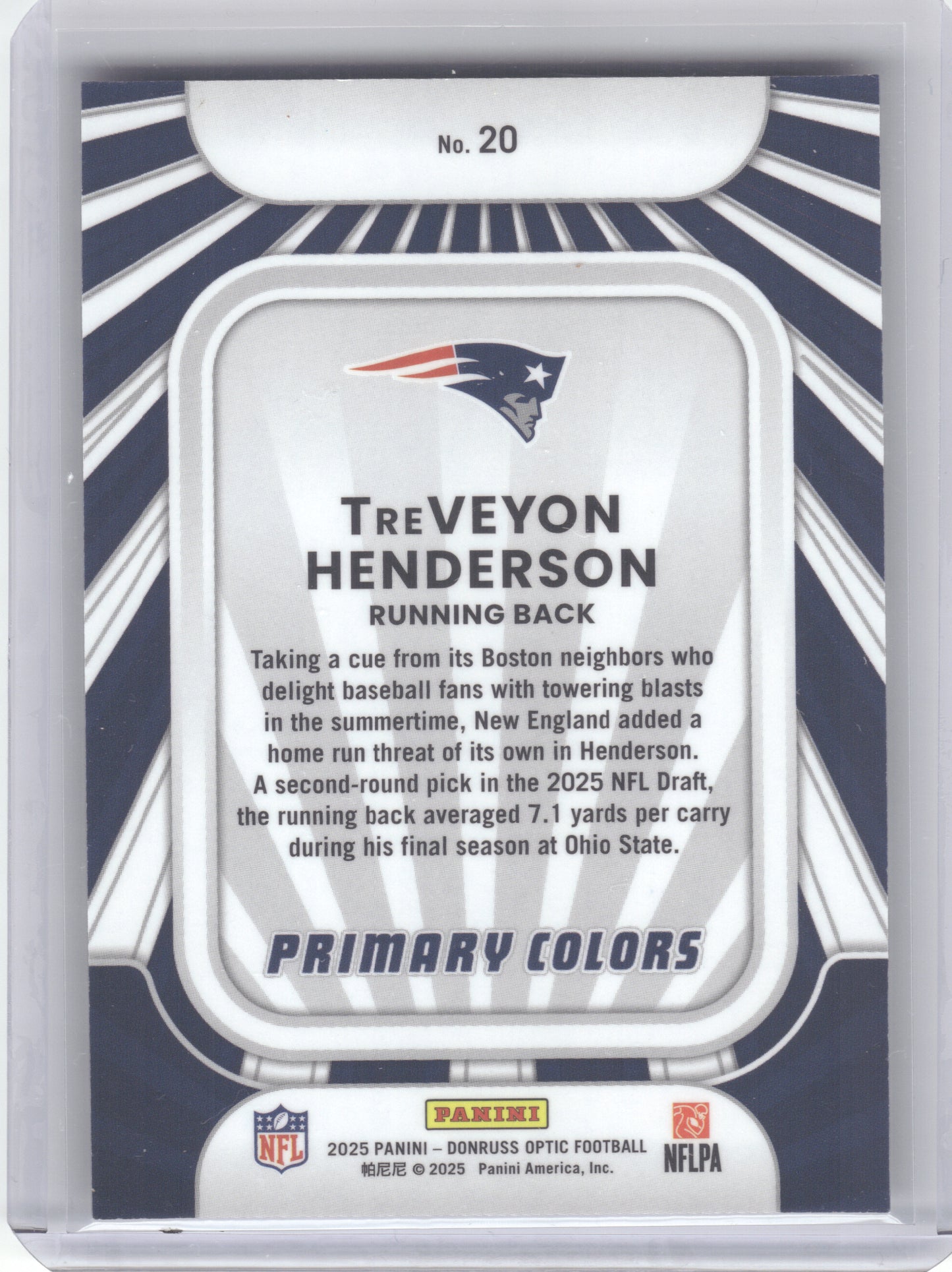 2025 Donruss Optic #20 TreVeyon Henderson Rookie Primary Colors New England Patriots