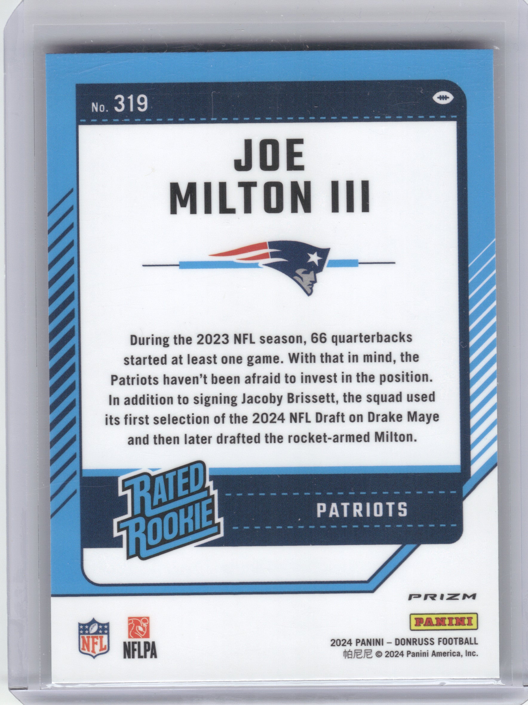 2024 Donruss #319 Joe Milton III Optic Rated Rookies Preview Red and Green New England Patriots RC