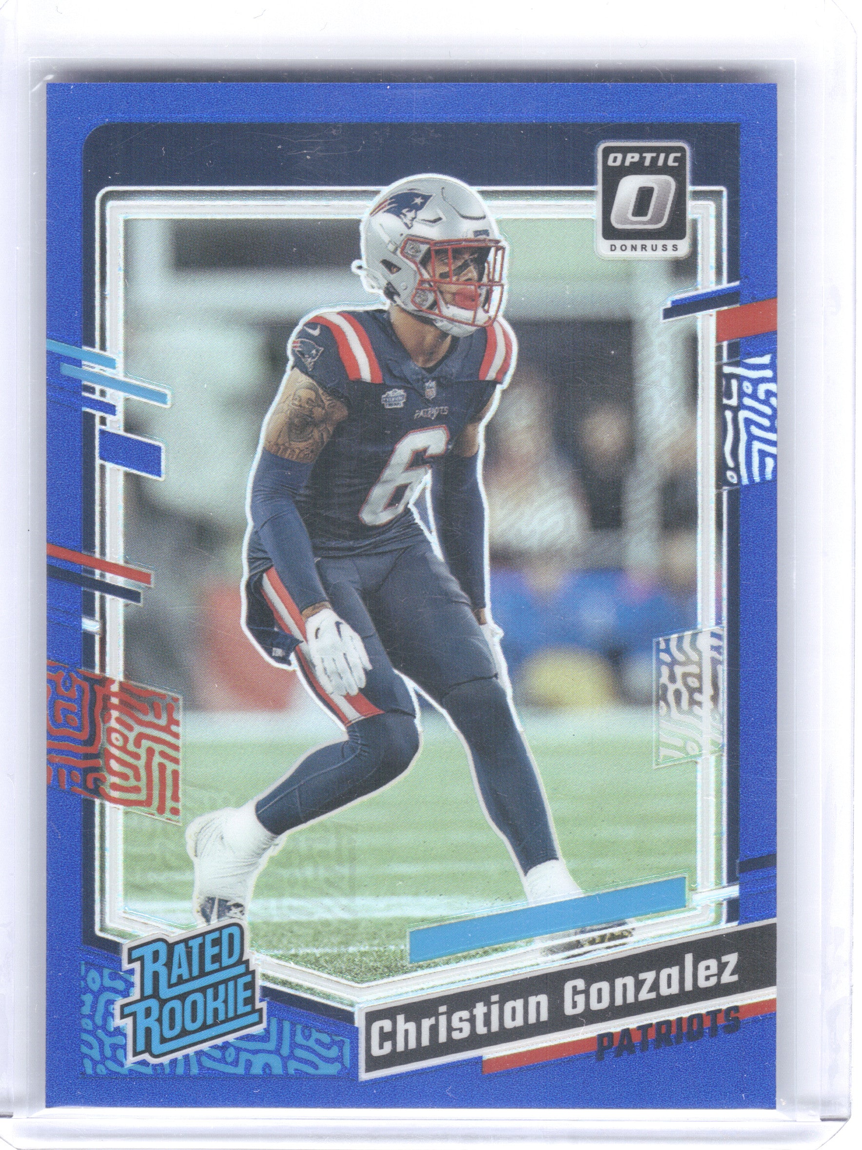 2023 Donruss Optic #274 Christian Gonzalez Blue #/199 New England Patriots SN,RC