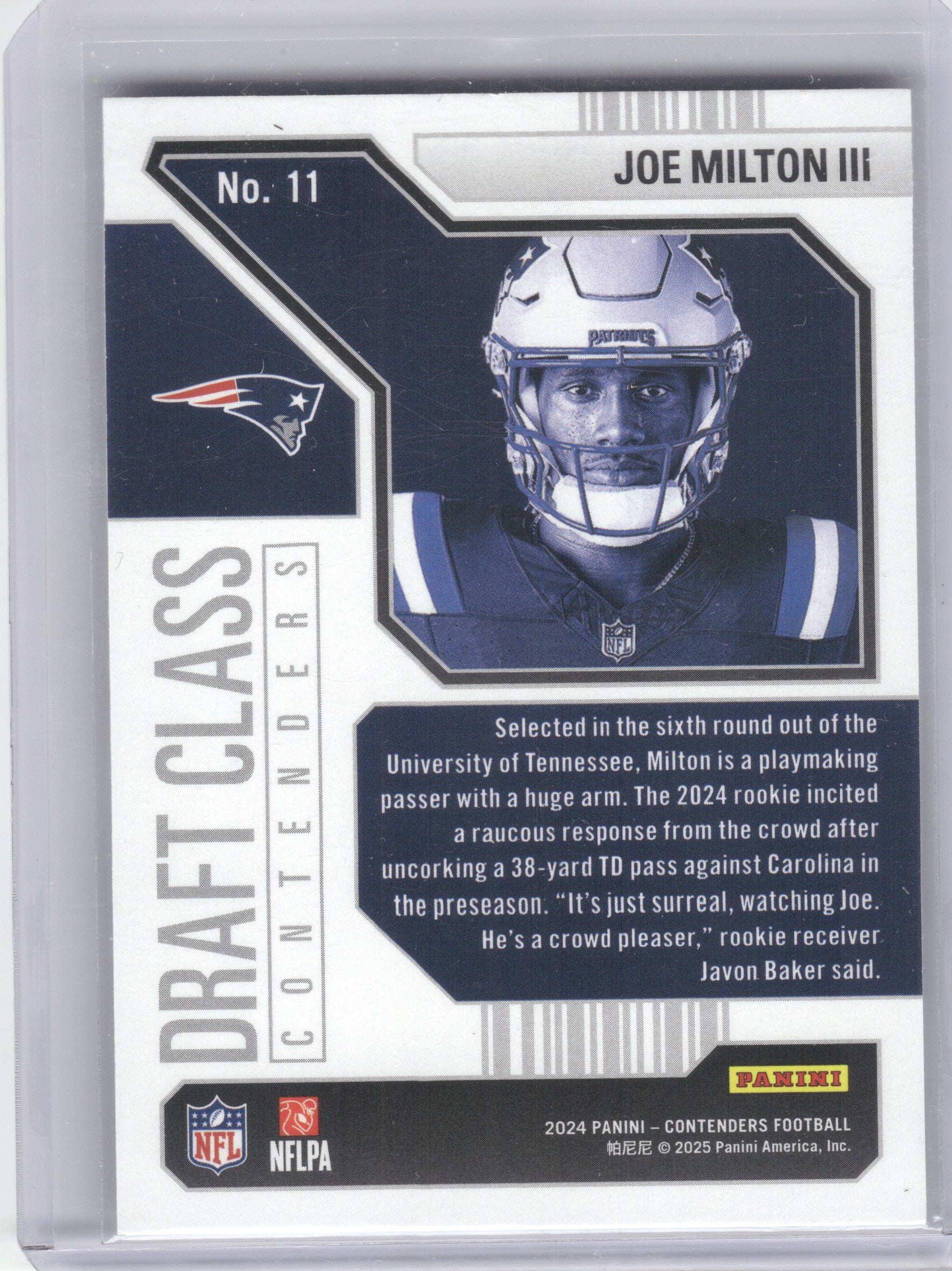 2024 Panini Contenders #11 Joe Milton III Draft Class Contenders Bronze New England Patriots