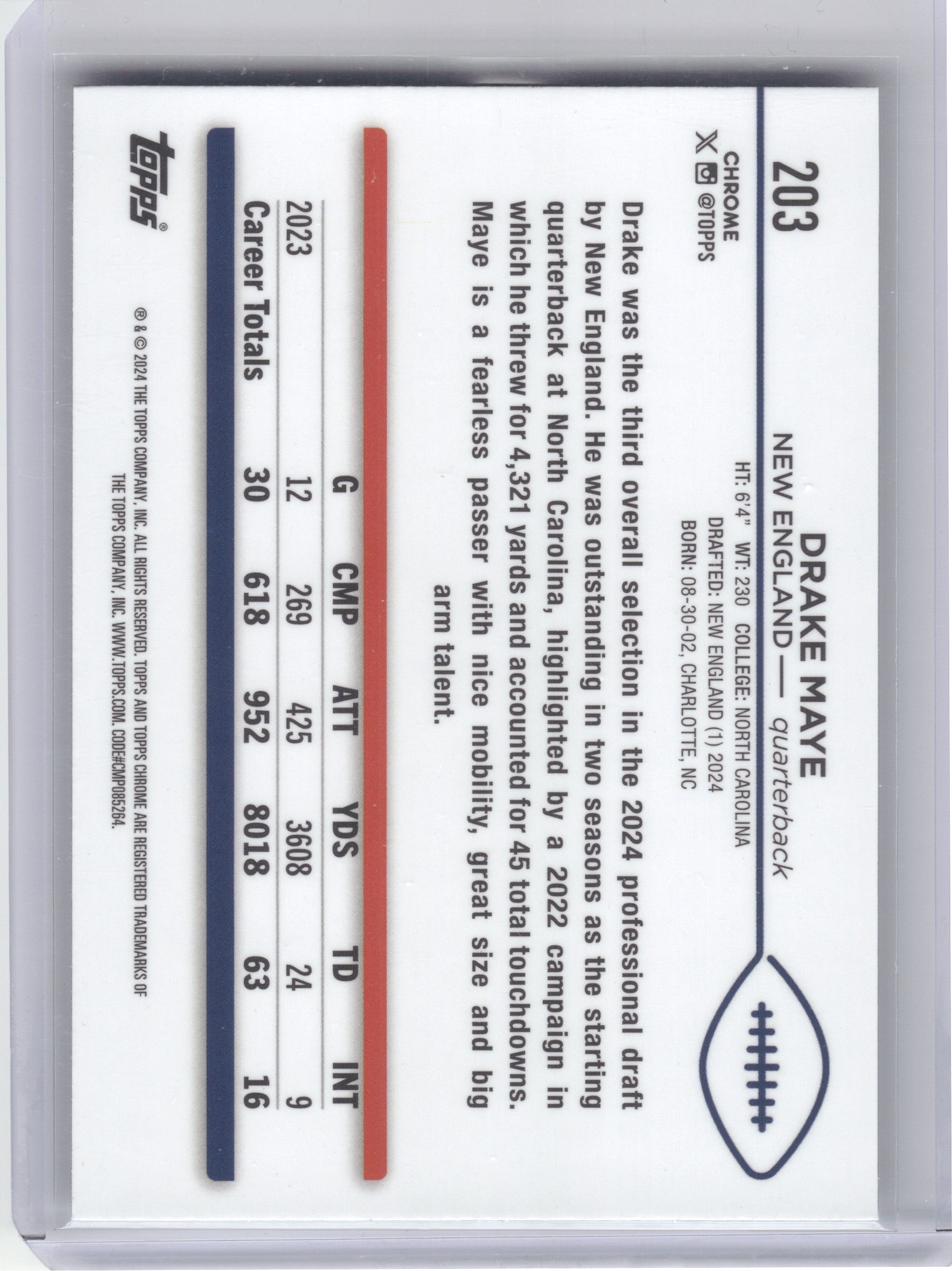 2024 Topps Chrome #203 Drake Maye New England Patriots RC