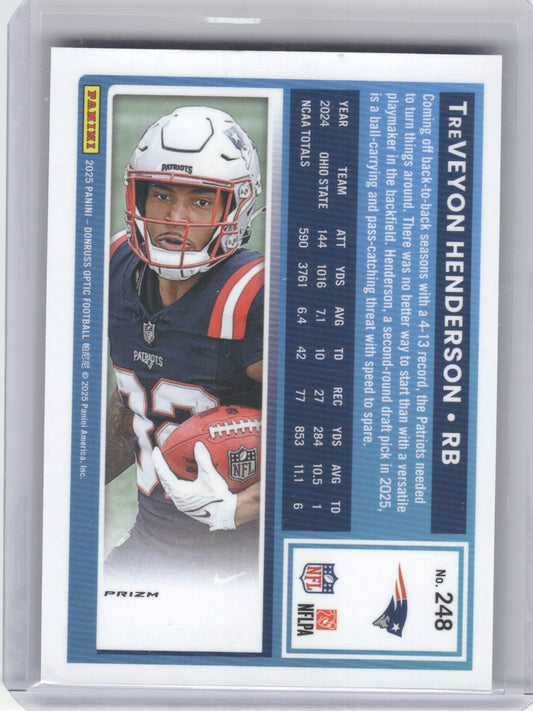 2025 Donruss Optic #248 TreVeyon Henderson Blue Hyper New England Patriots RC