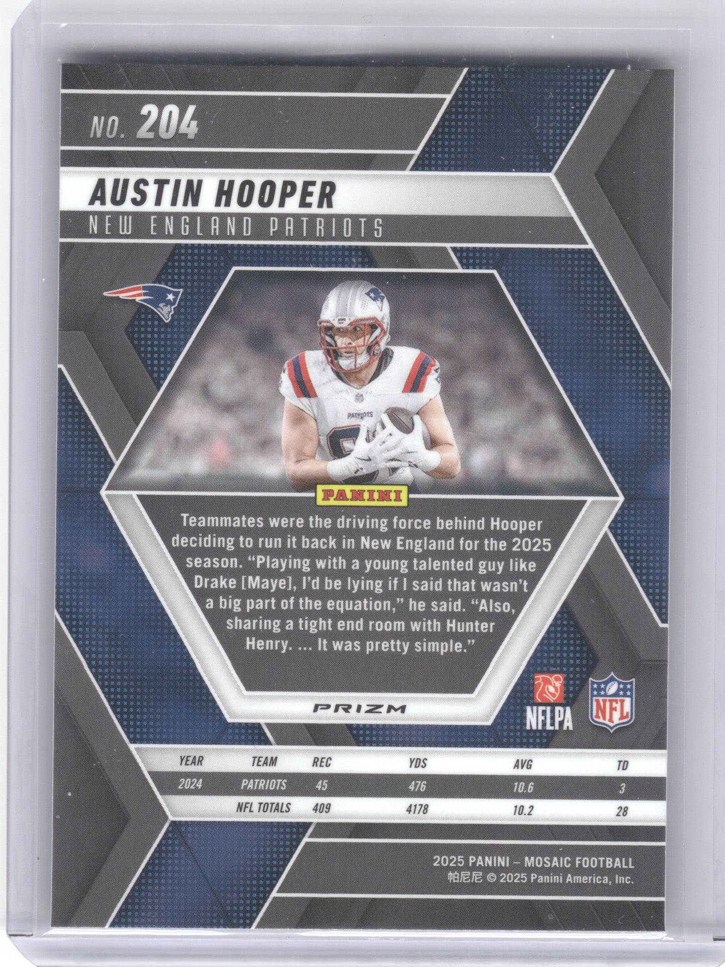 2025 Panini Mosaic #204 Austin Hooper Mosaic Camo Red New England Patriots