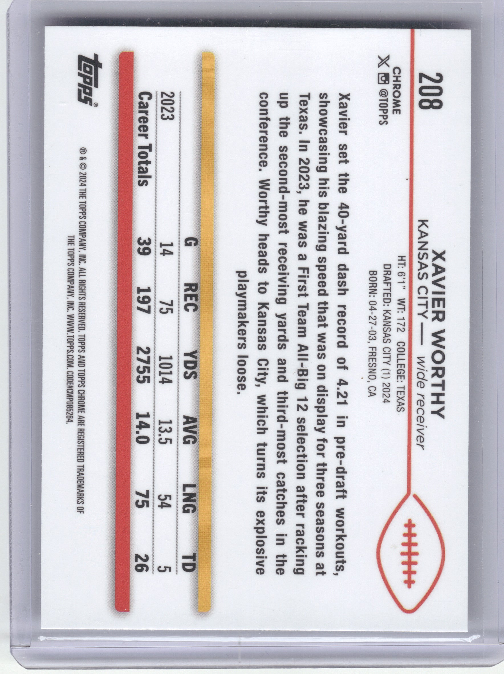 2024 Topps Chrome #208 Xavier Worthy Prism Refractor Kansas City Chiefs RC