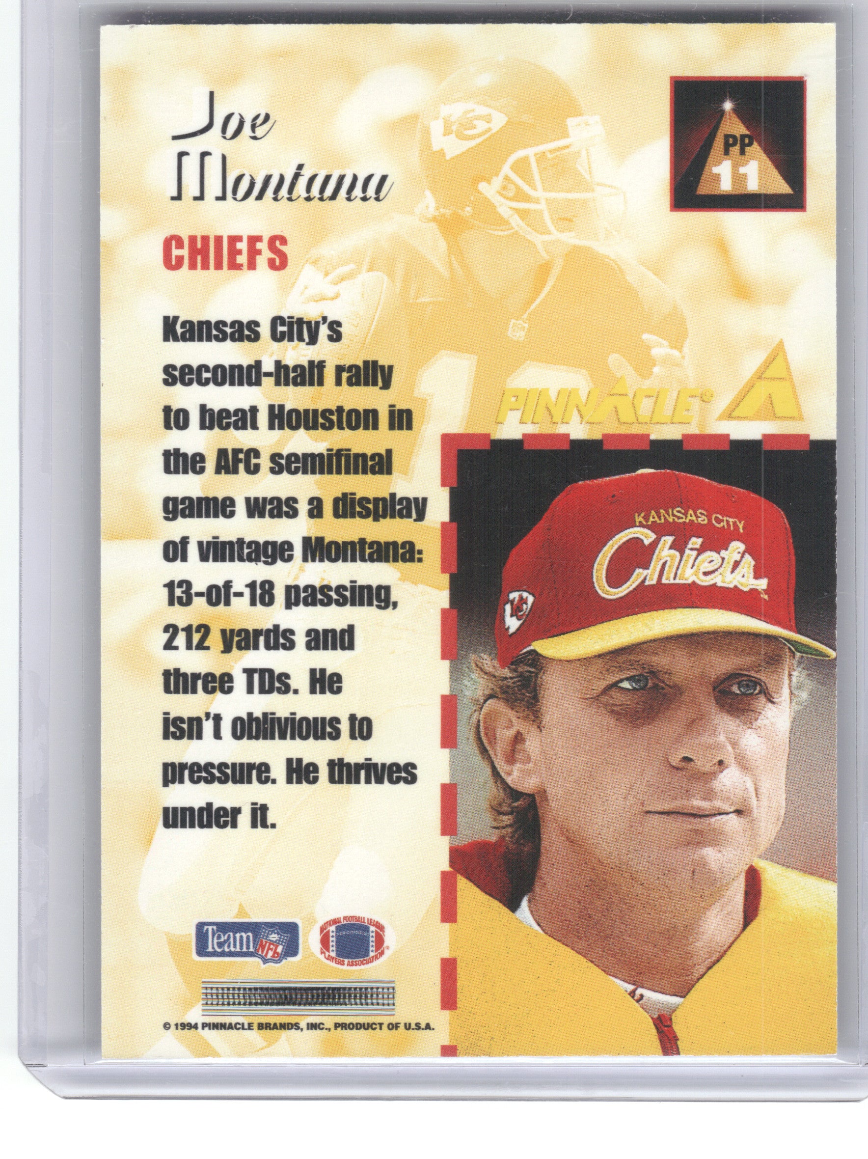 1994 Pinnacle #PP11 Joe Montana Pinnacle Performers Kansas City Chiefs