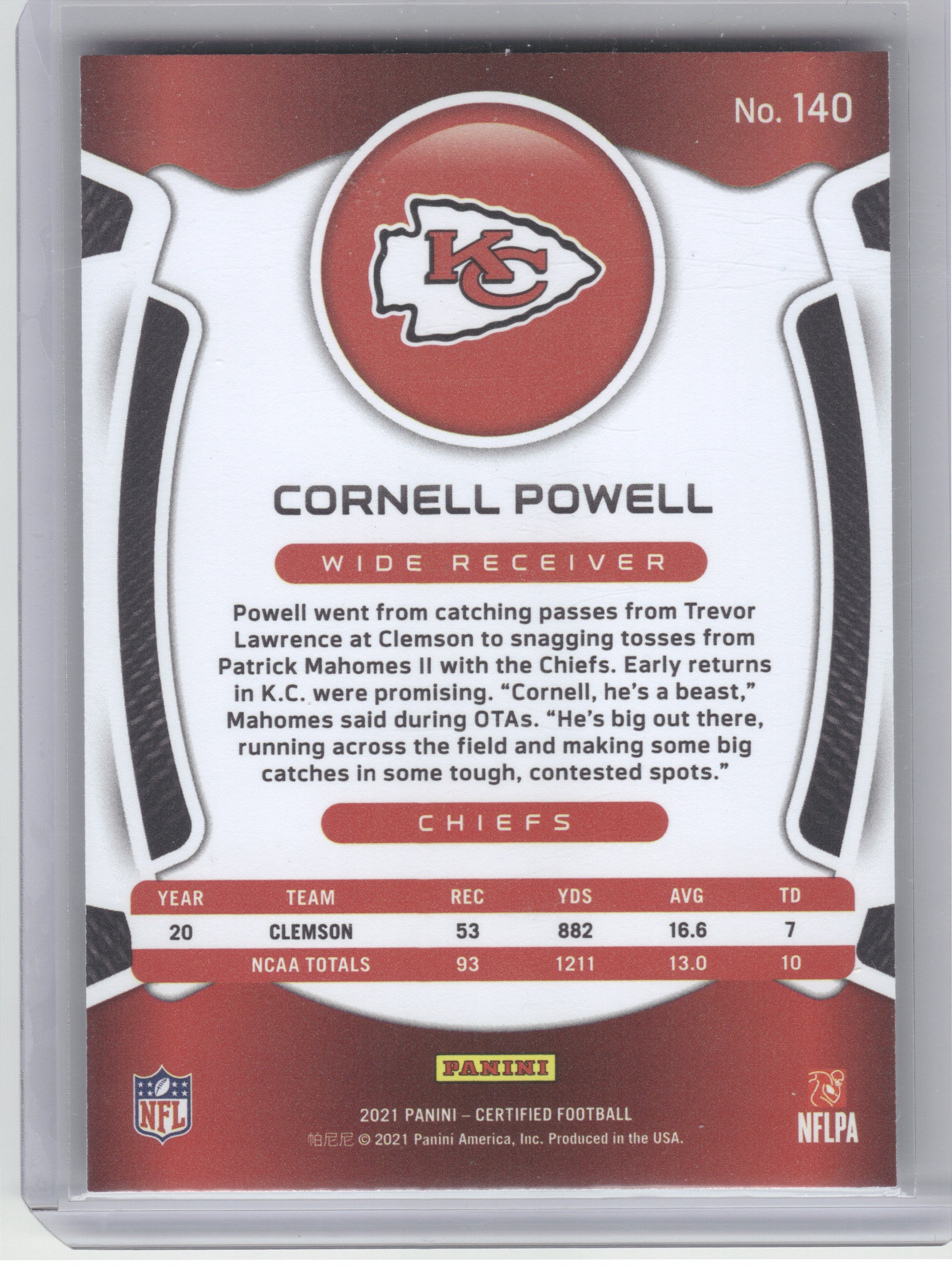 2021 Panini Certified #140 Cornell Powell Mirror #/299 Kansas City Chiefs SN,RC
