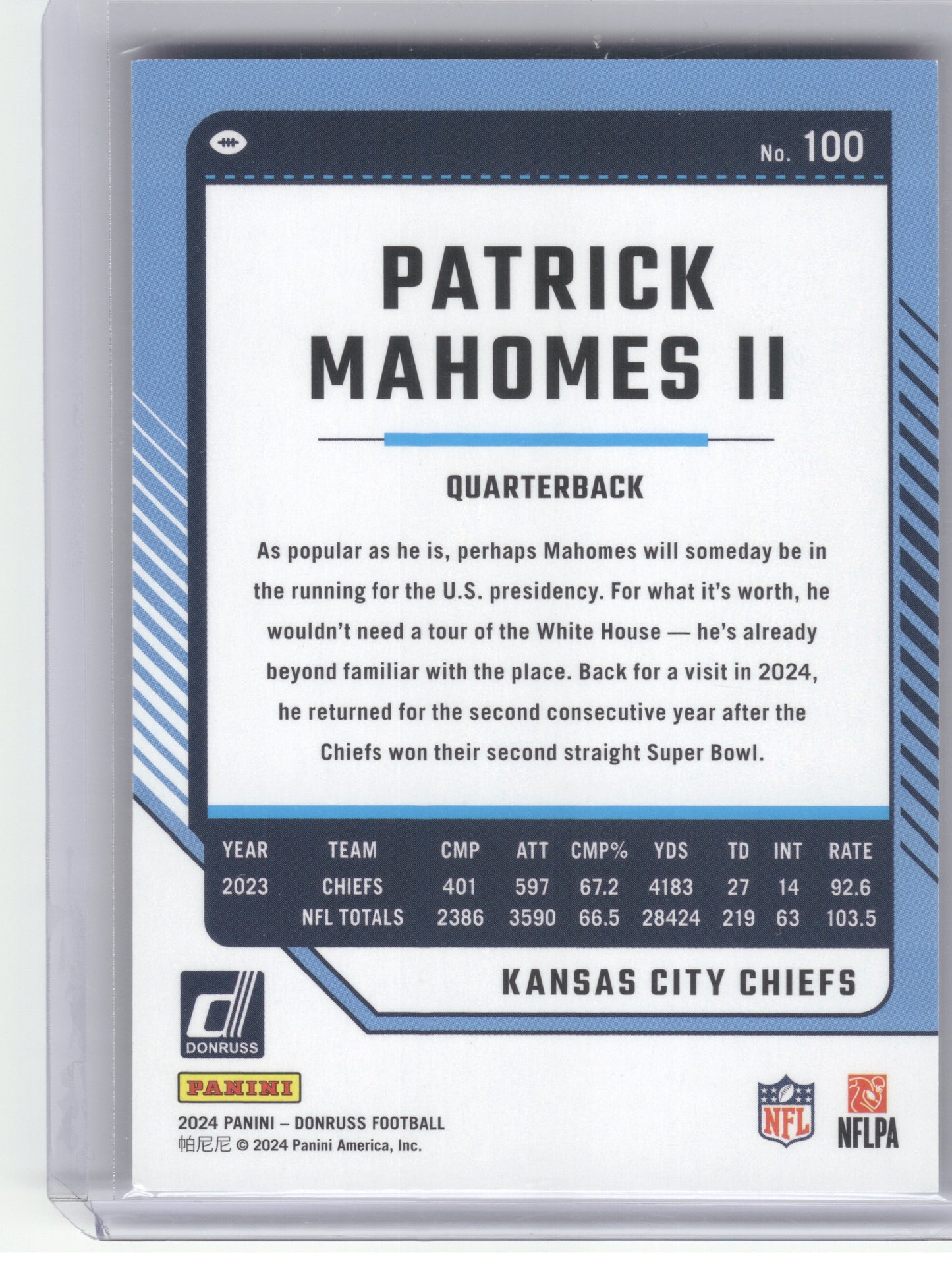 2024 Donruss #100 Patrick Mahomes II Press Proof Purple Kansas City Chiefs