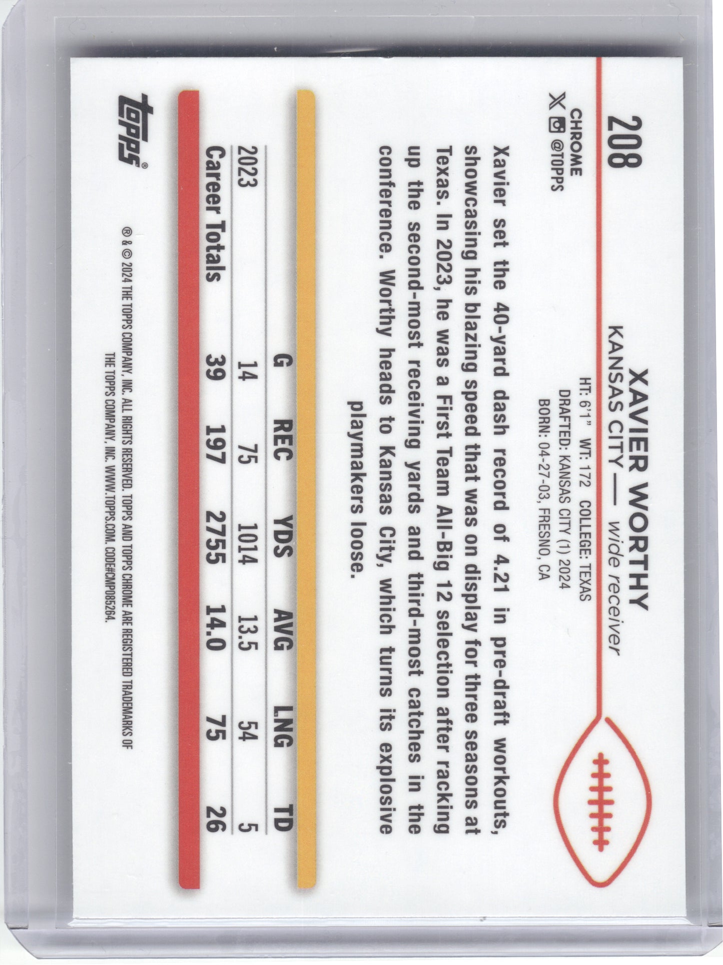 2024 Topps Chrome #208 Xavier Worthy X-Fractor Kansas City Chiefs RC
