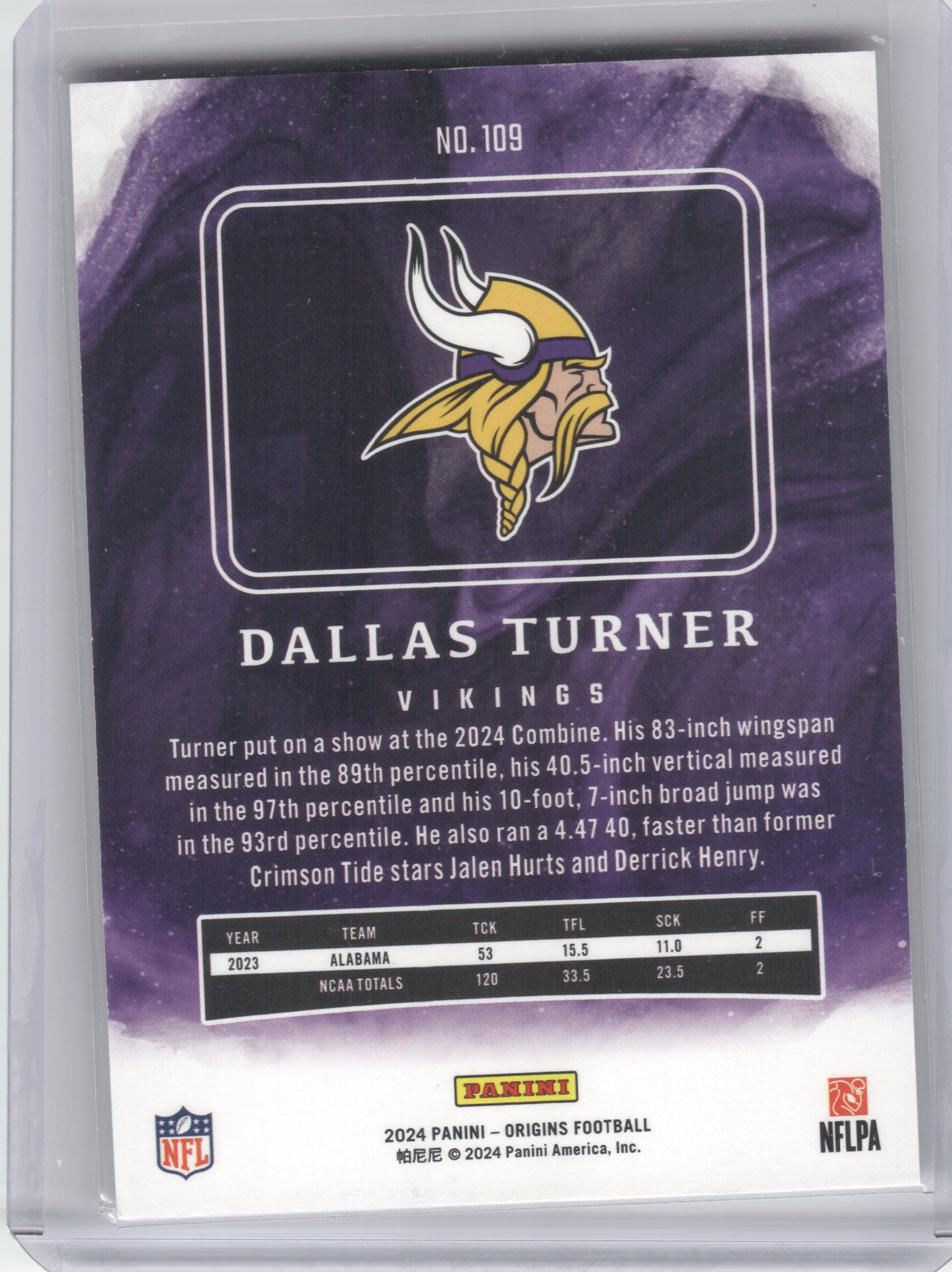 2024 Panini Origins #109 Dallas Turner Minnesota Vikings RC