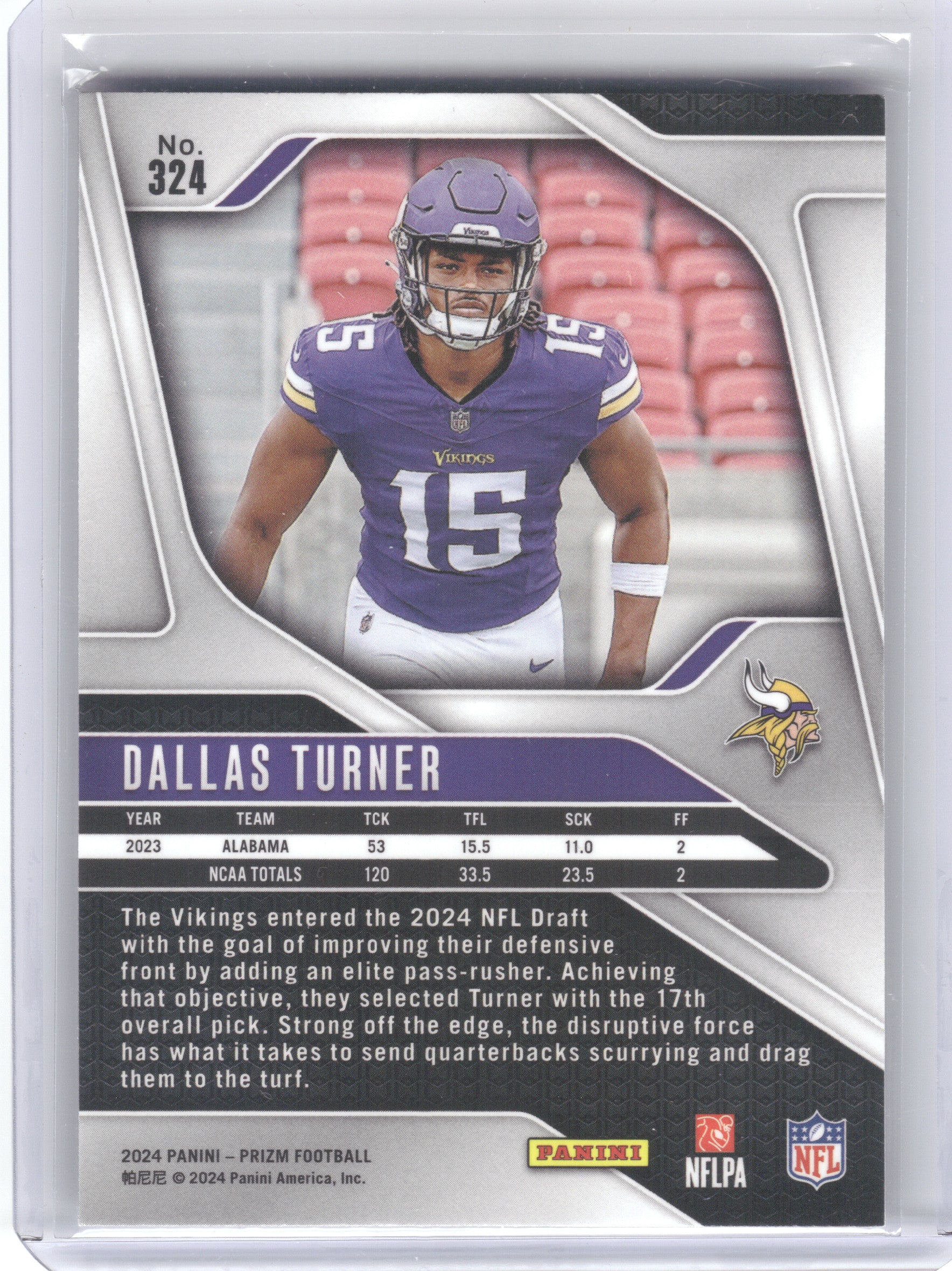 2024 Panini Prizm #324 Dallas Turner Minnesota Vikings RC