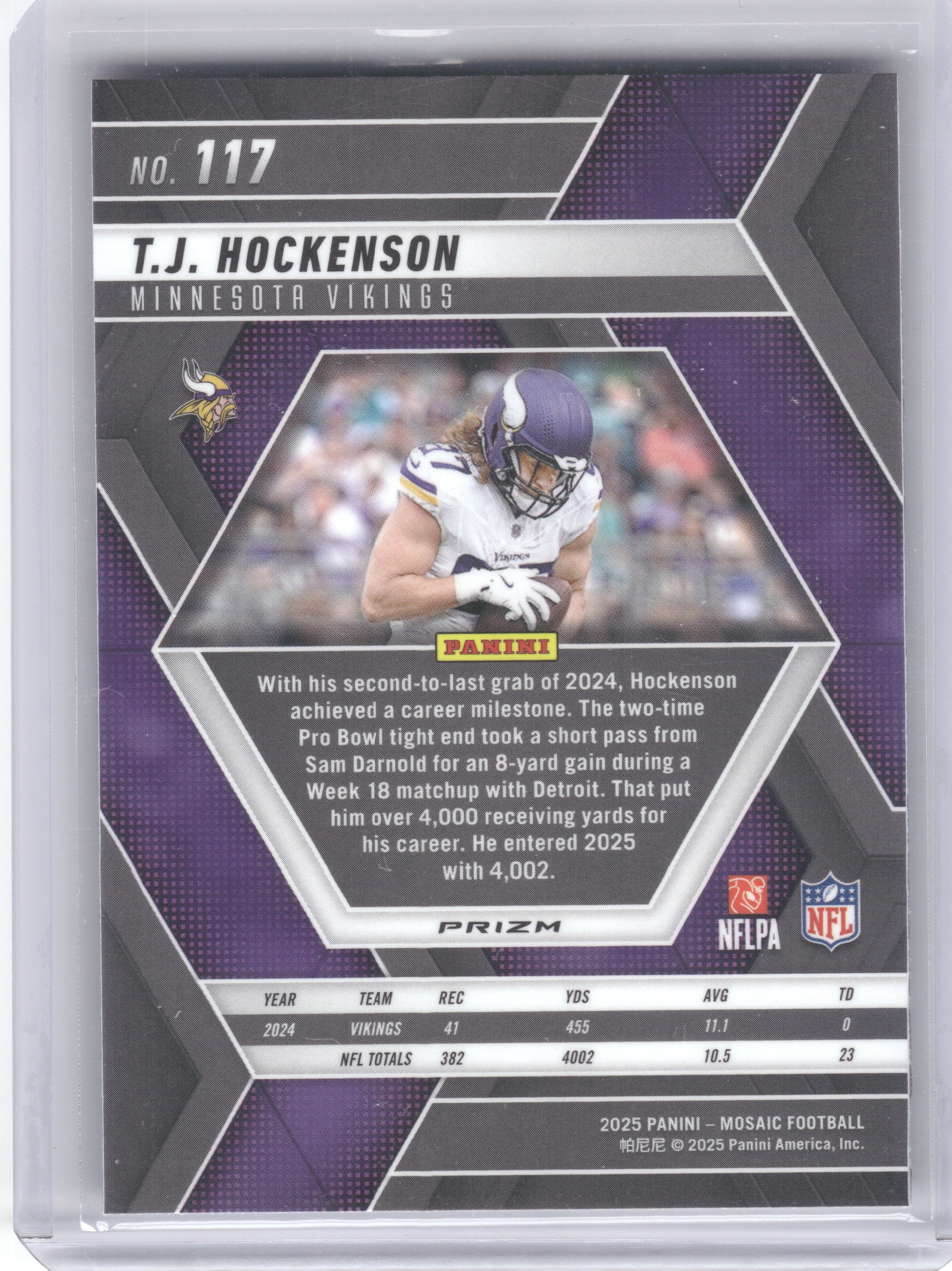 2025 Panini Mosaic #117 T.J. Hockenson Mosaic Camo Pink Minnesota Vikings