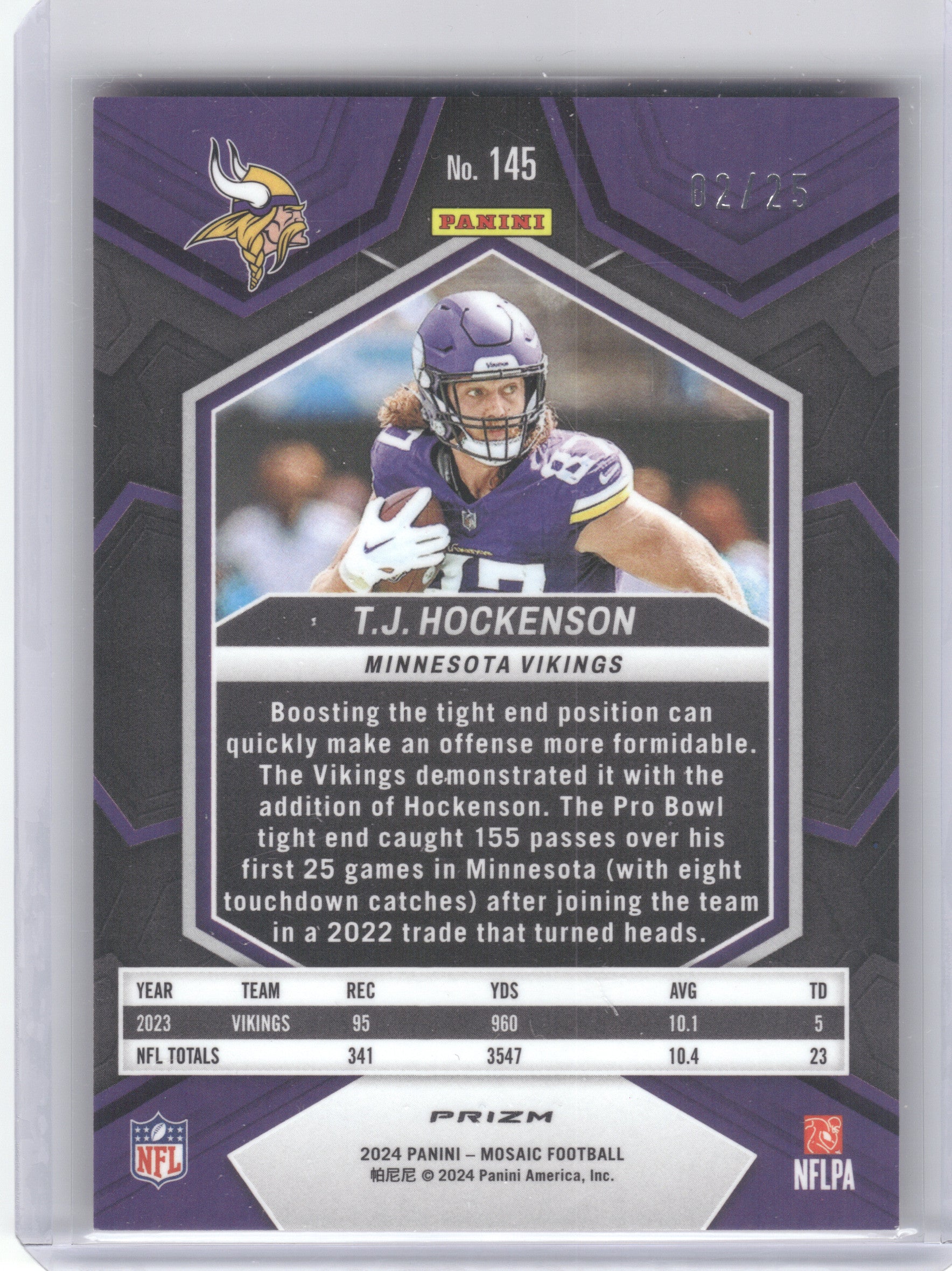 2024 Panini Mosaic #145 T.J. Hockenson Mosaic Orange Fluorescent #/25 Minnesota Vikings SN