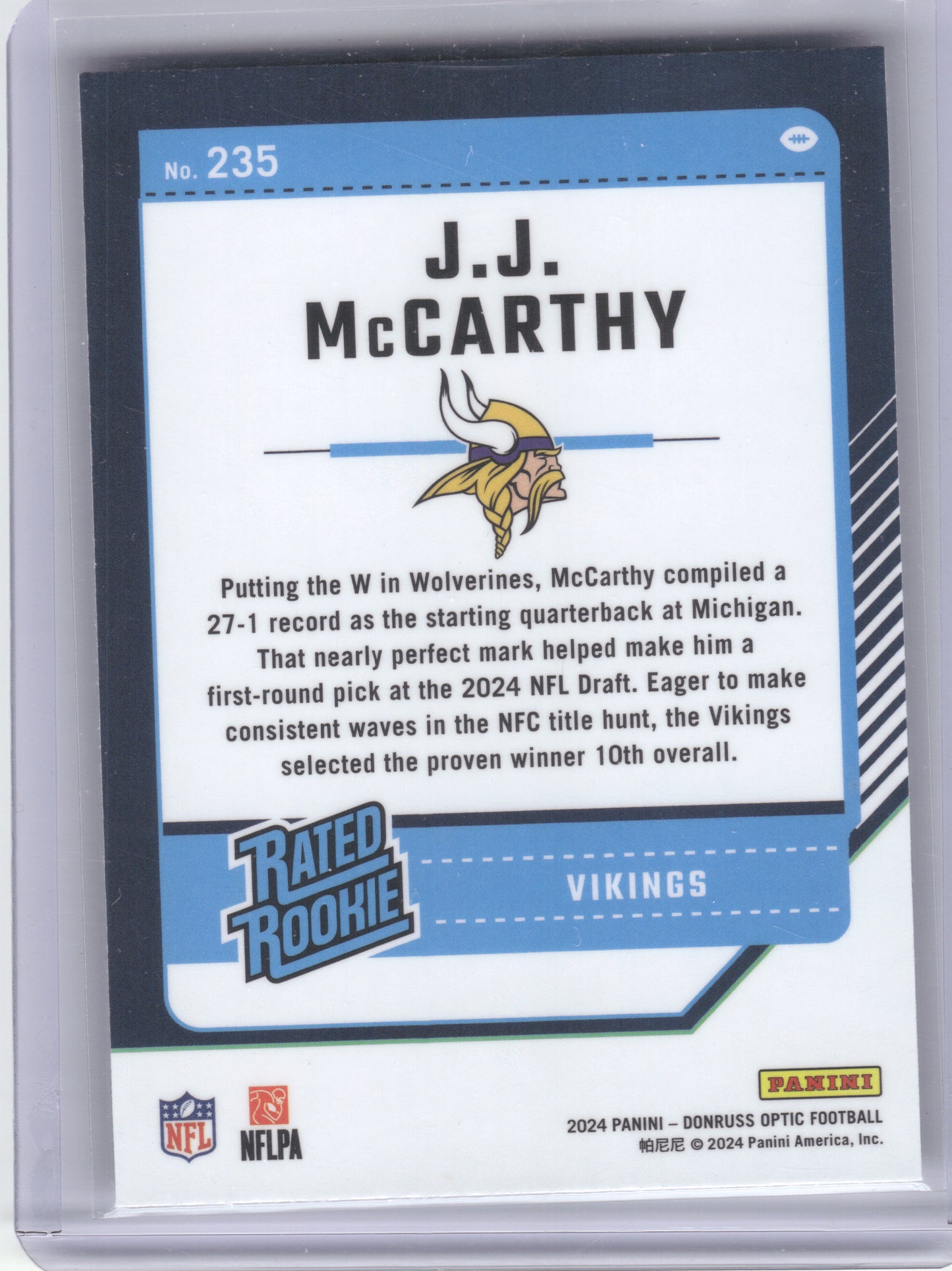 2024 Donruss Optic #235 J.J. McCarthy Minnesota Vikings RC