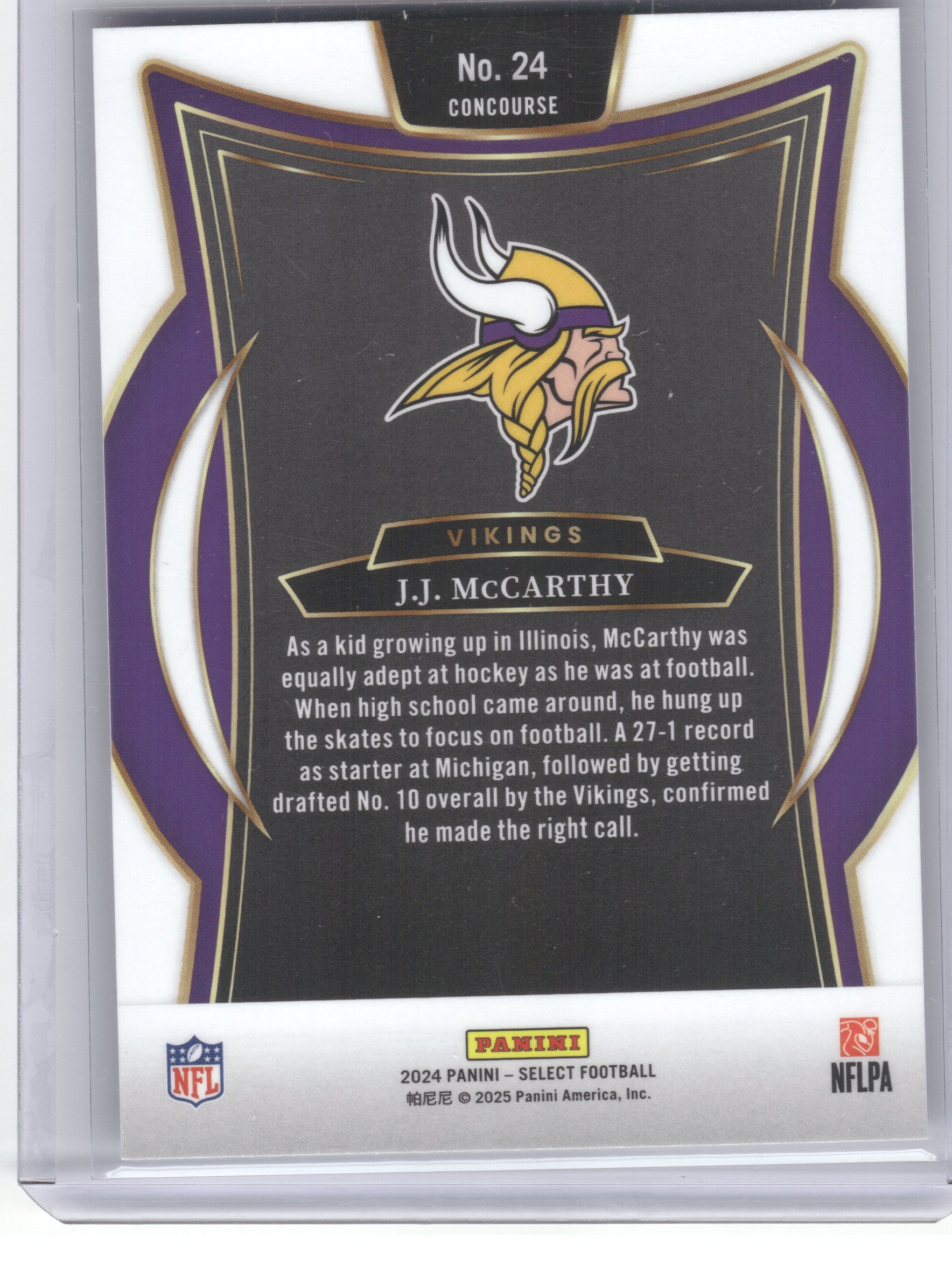 2024 Panini Select #24 J.J. McCarthy Minnesota Vikings RC