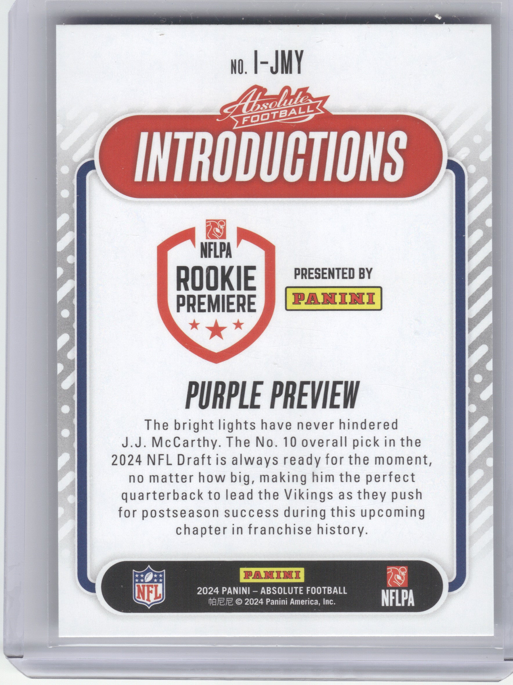 2024 Panini Absolute #I-JMY J.J. McCarthy Introductions Minnesota Vikings