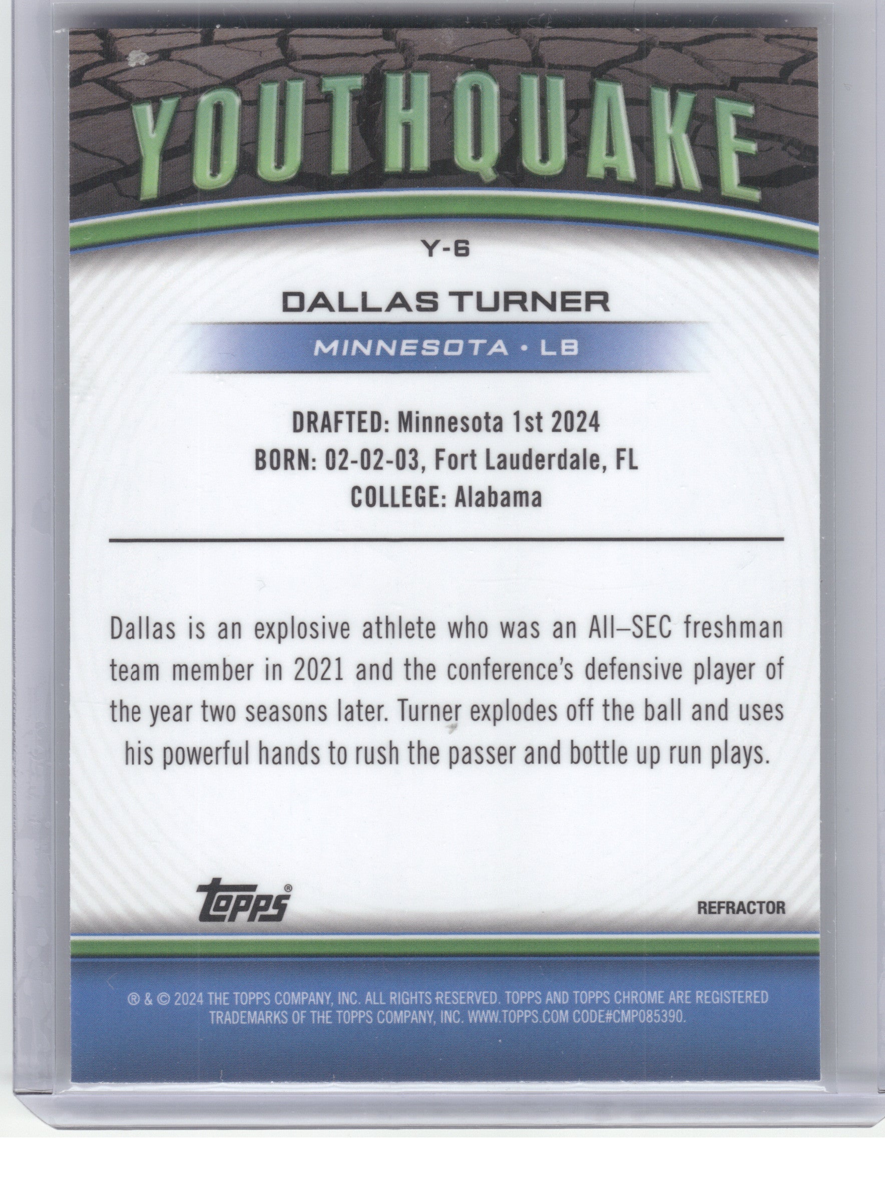 2024 Topps Chrome #Y-6 Dallas Turner Youthquake Refractor Minnesota Vikings