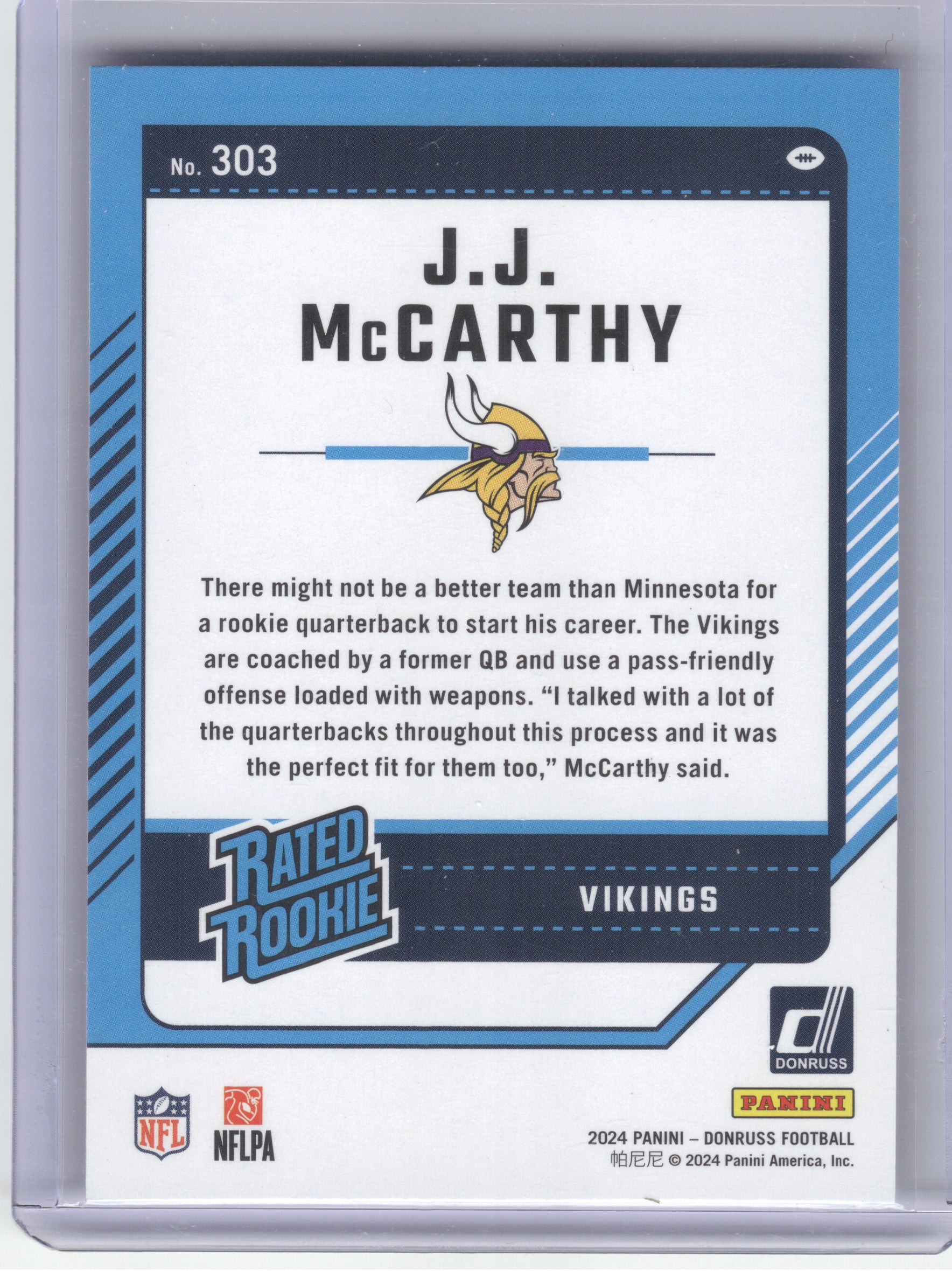 2024 Donruss #303 J.J. McCarthy Minnesota Vikings RC
