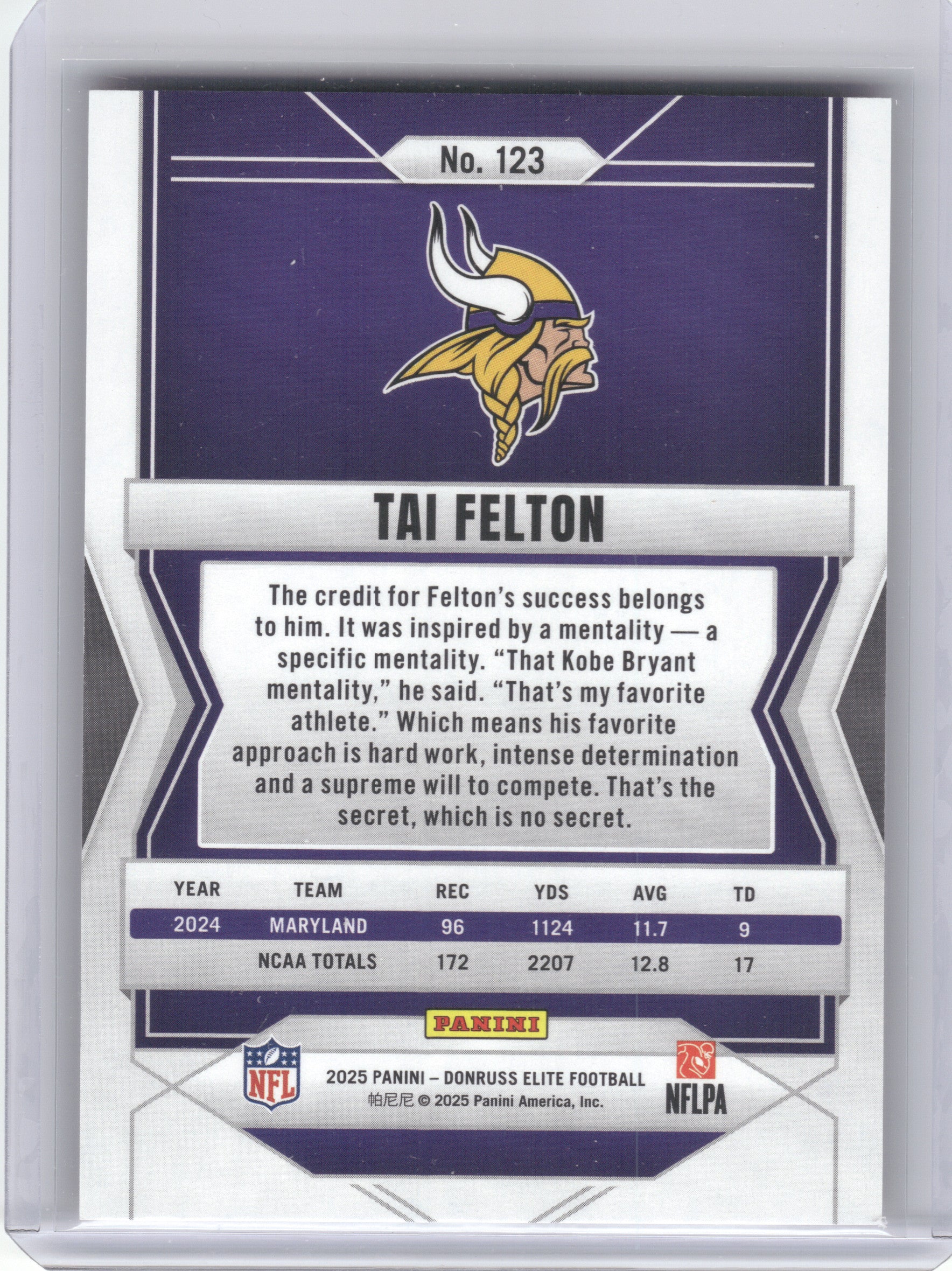 2025 Donruss Elite #123 Tai Felton Aspirations Shimmer #/999 Minnesota Vikings SN,RC