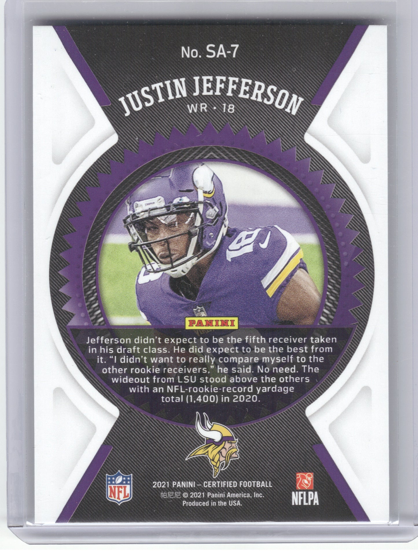 2021 Panini Certified #SA-7 Justin Jefferson Seal of Approval Minnesota Vikings