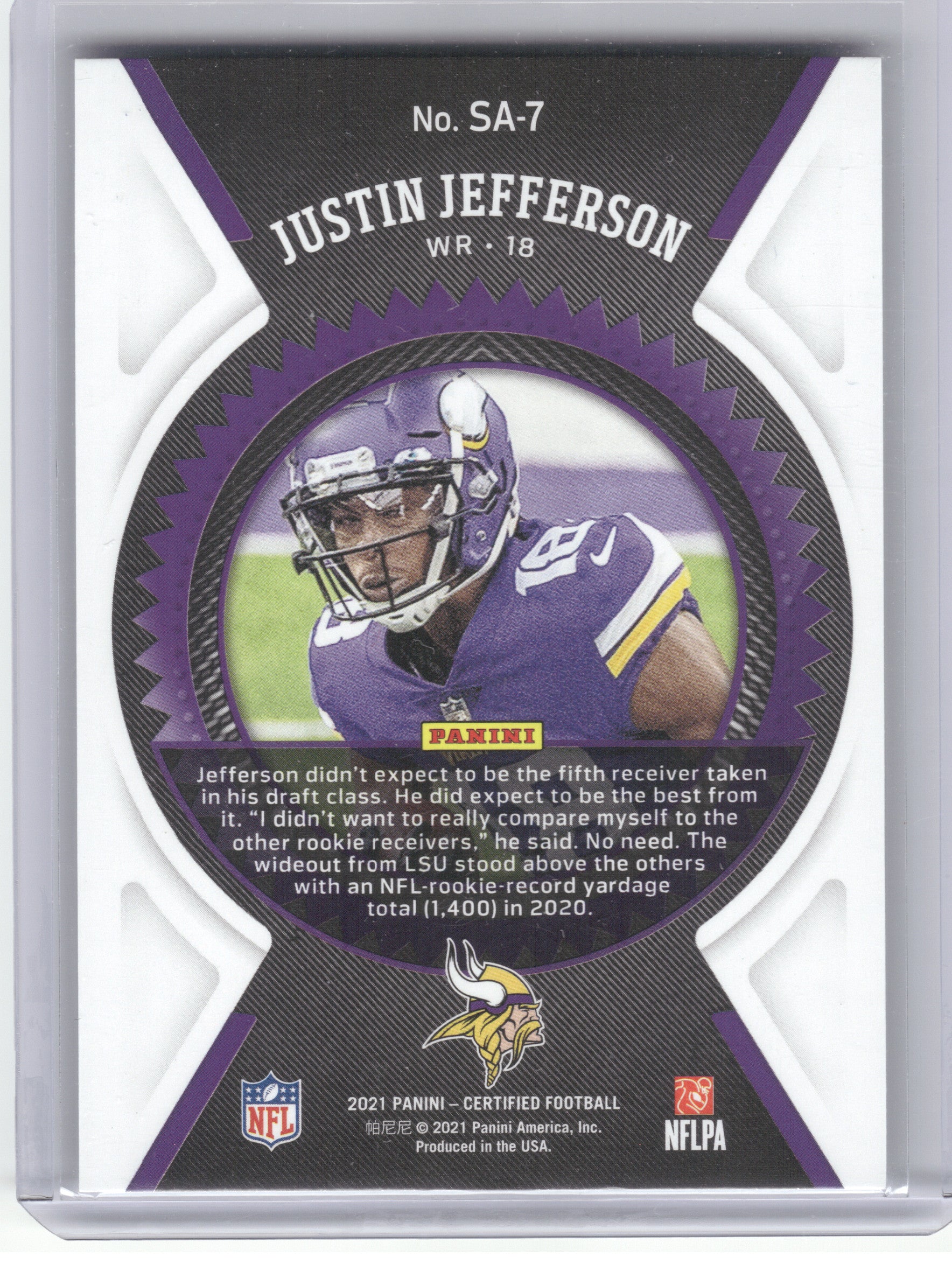 2021 Panini Certified #SA-7 Justin Jefferson Seal of Approval Minnesota Vikings