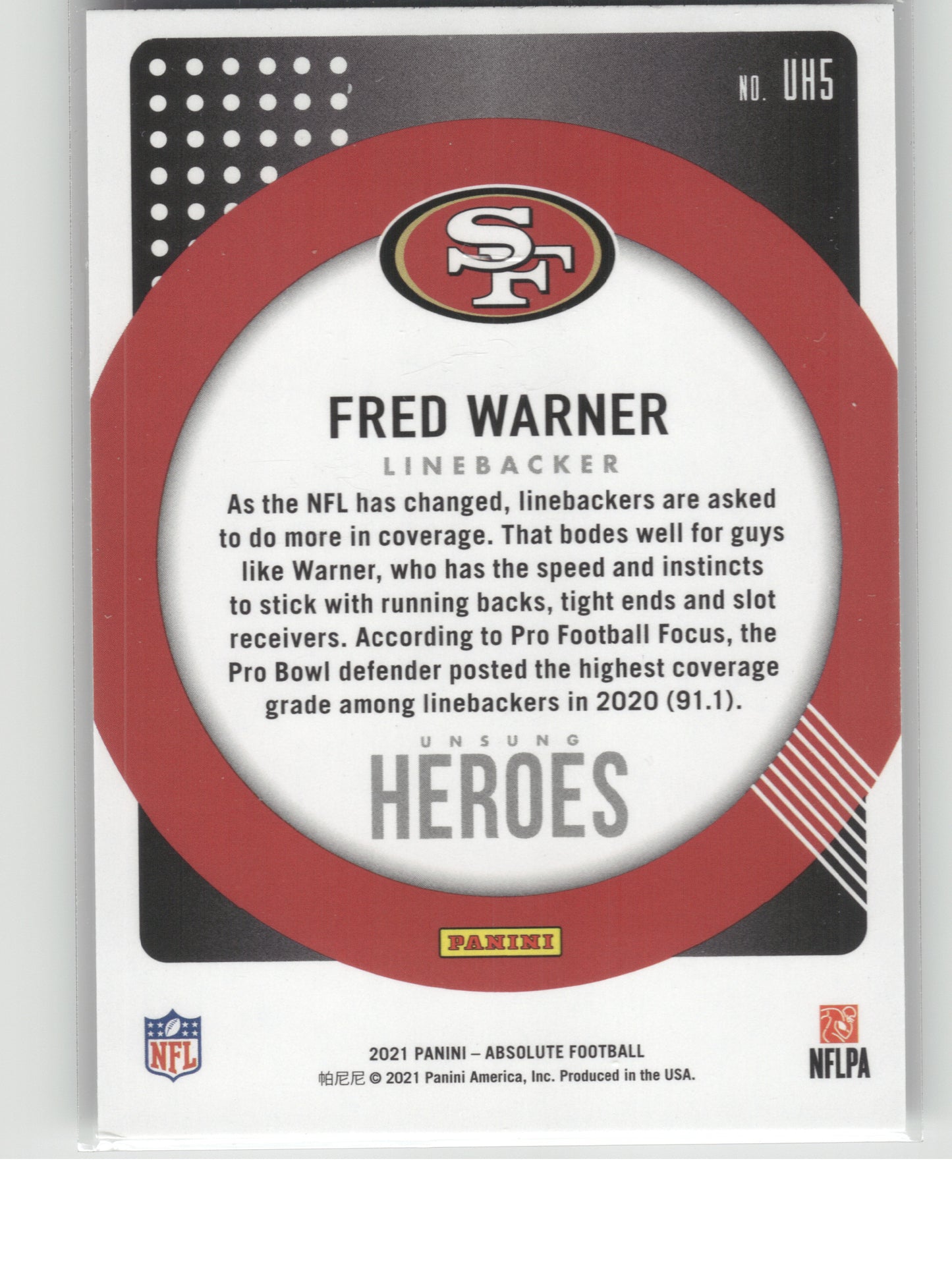 2021 Panini Absolute #UH5 Fred Warner Unsung Heroes San Francisco 49ers