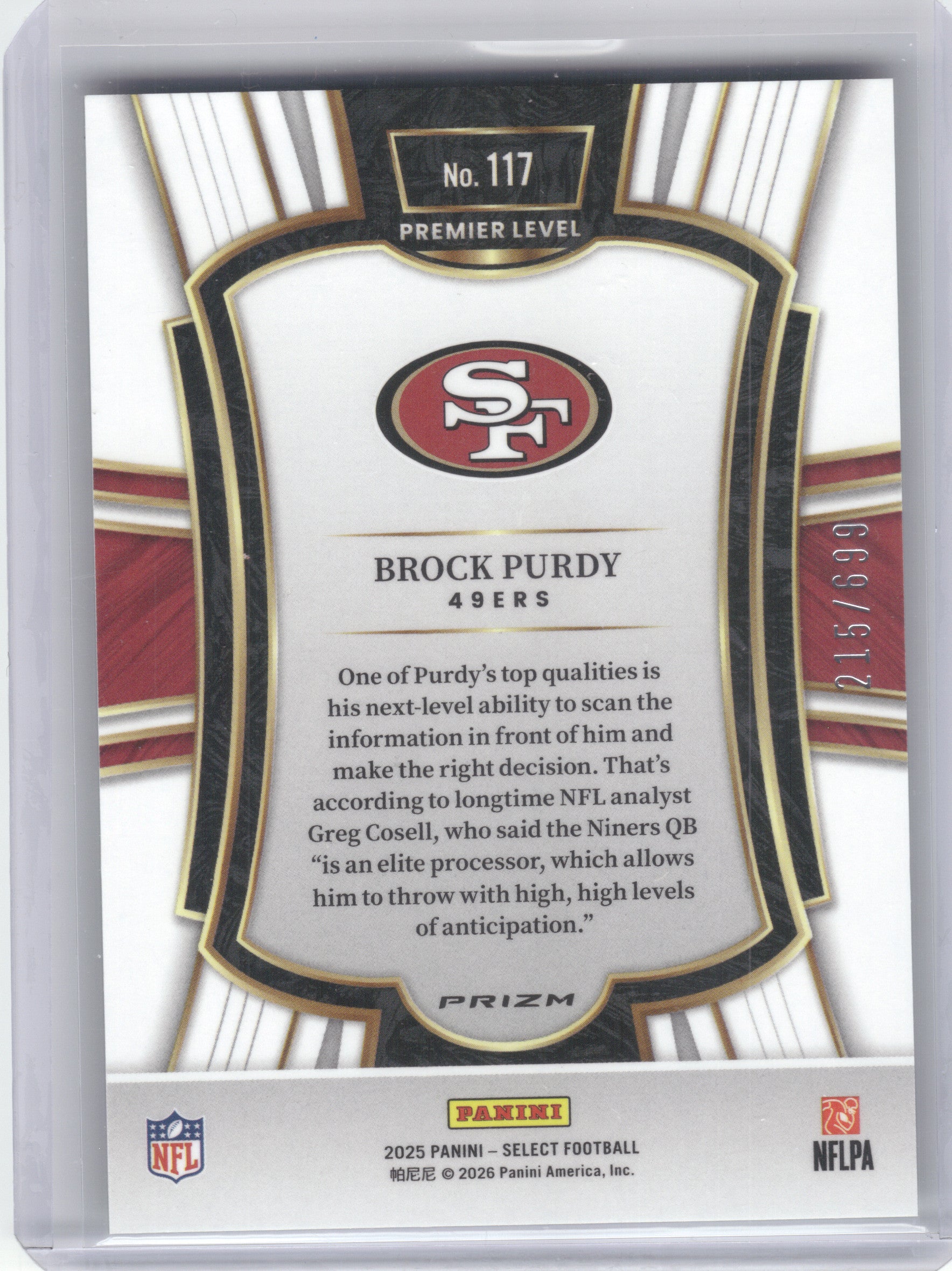 2025 Panini Select #117 Brock Purdy Neon Green Prizm Shock #/699 San Francisco 49ers SN