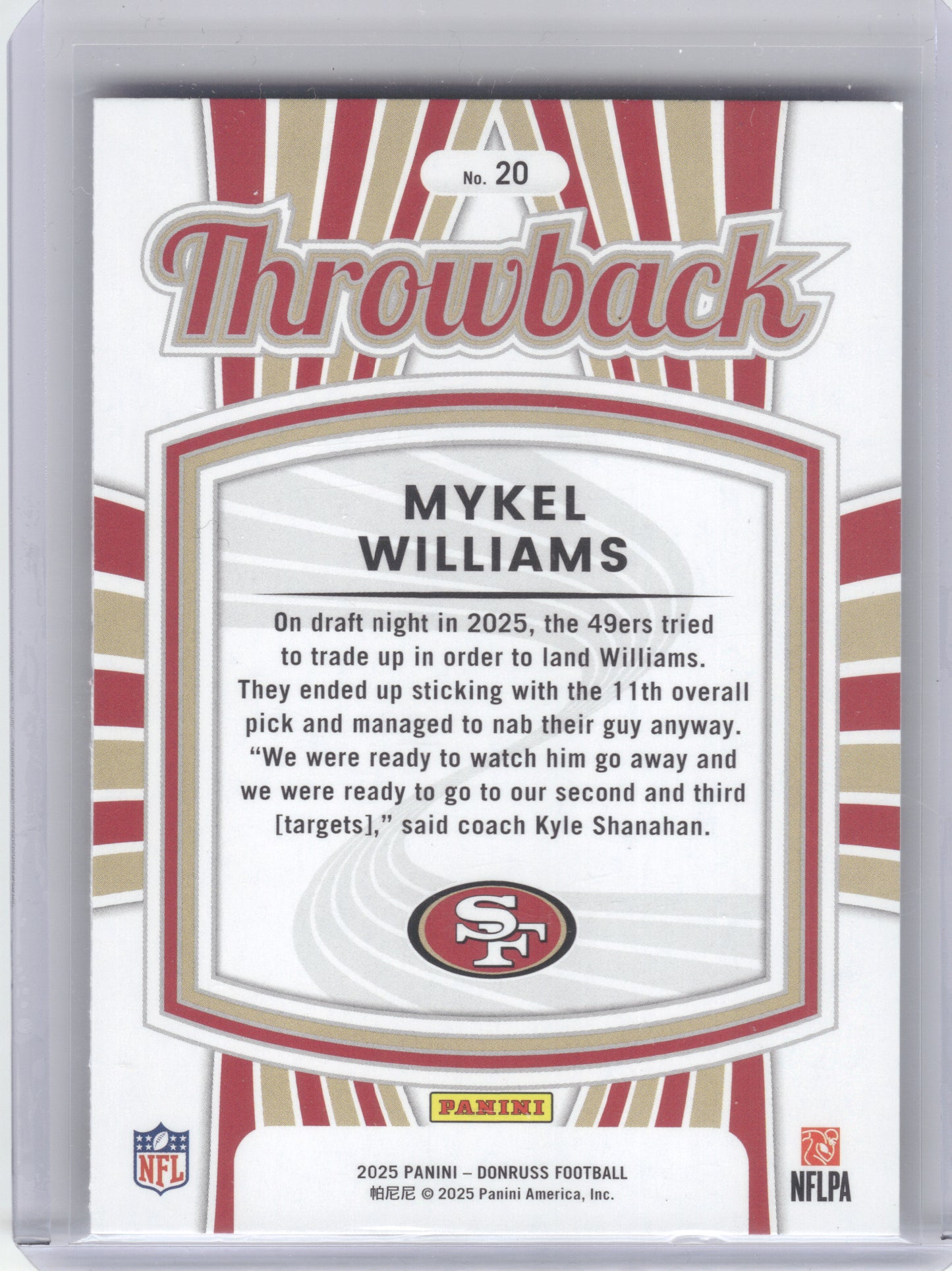 2025 Donruss #20 Mykel Williams Rated Rookies Throwback San Francisco 49ers