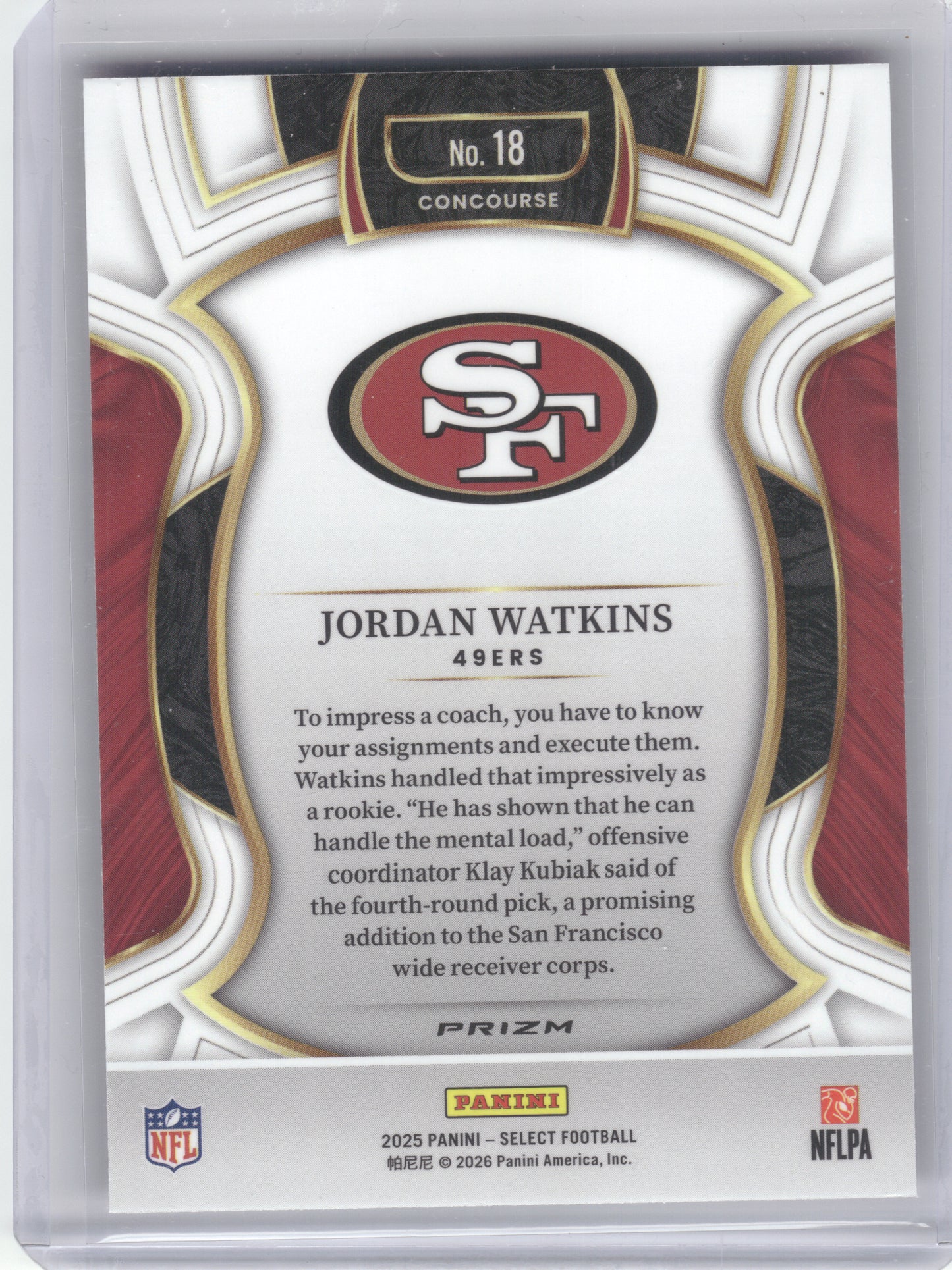 2025 Panini Select #18 Jordan Watkins Pink Prizm Shock San Francisco 49ers RC