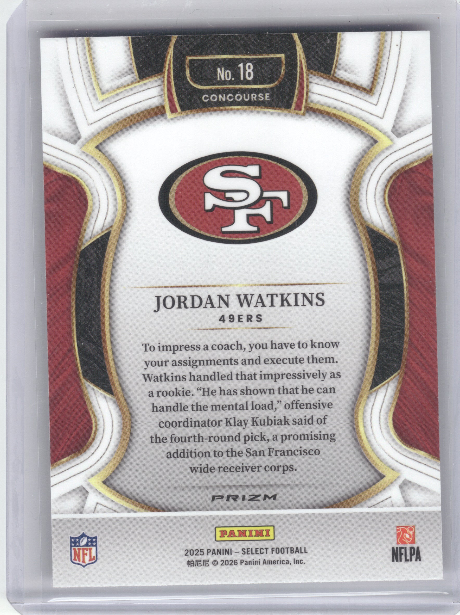 2025 Panini Select #18 Jordan Watkins Pink Prizm Shock San Francisco 49ers RC