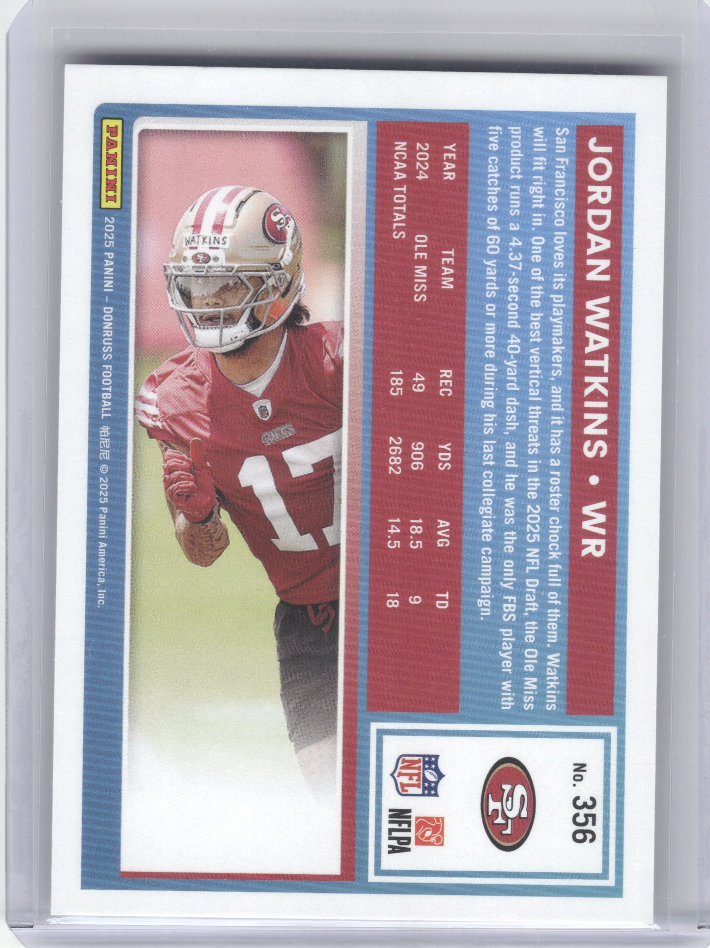 2025 Donruss #356 Jordan Watkins San Francisco 49ers RC