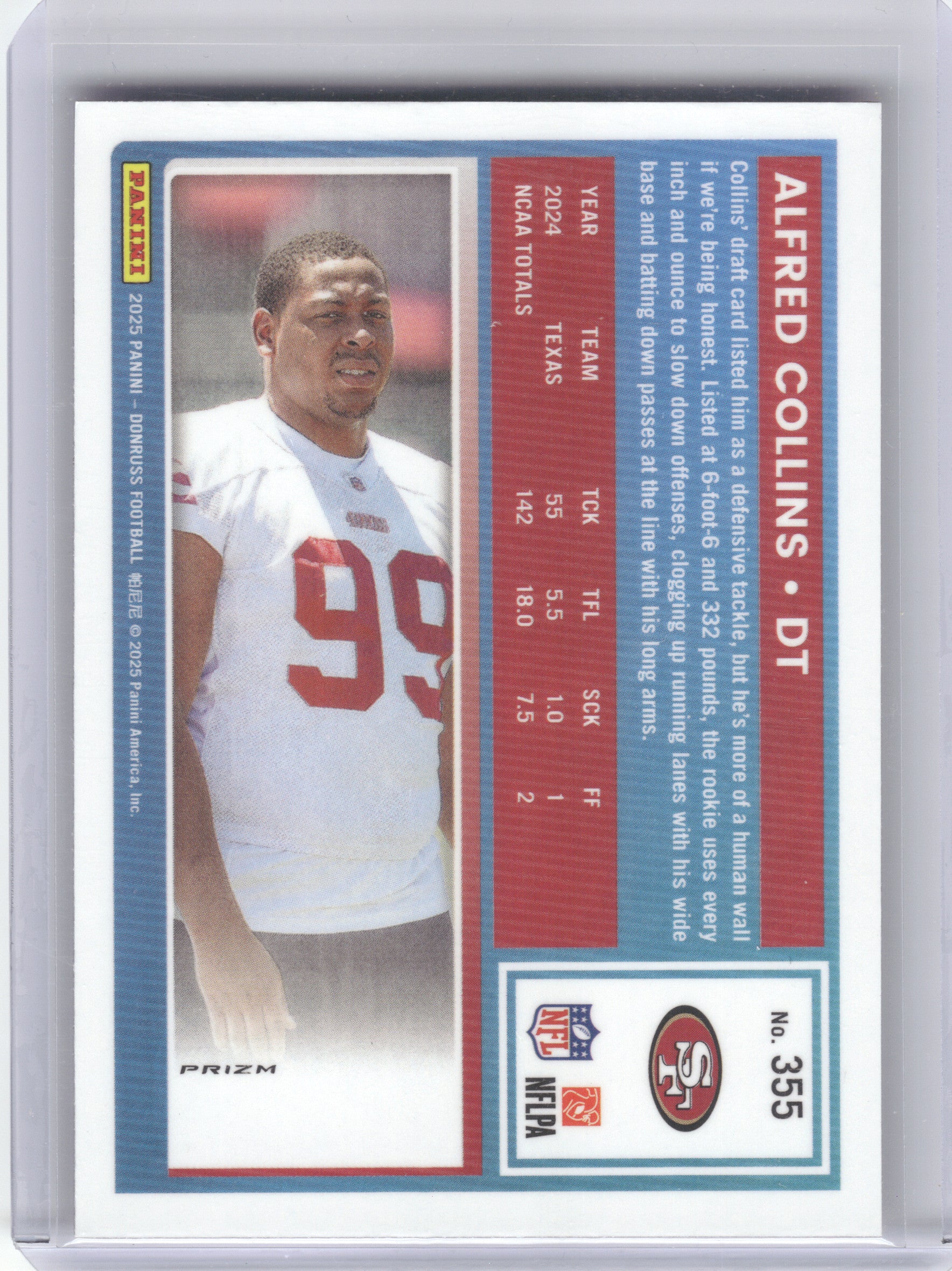 2025 Donruss #355 Alfred Collins Optic Rated Rookies Preview Pink San Francisco 49ers RC