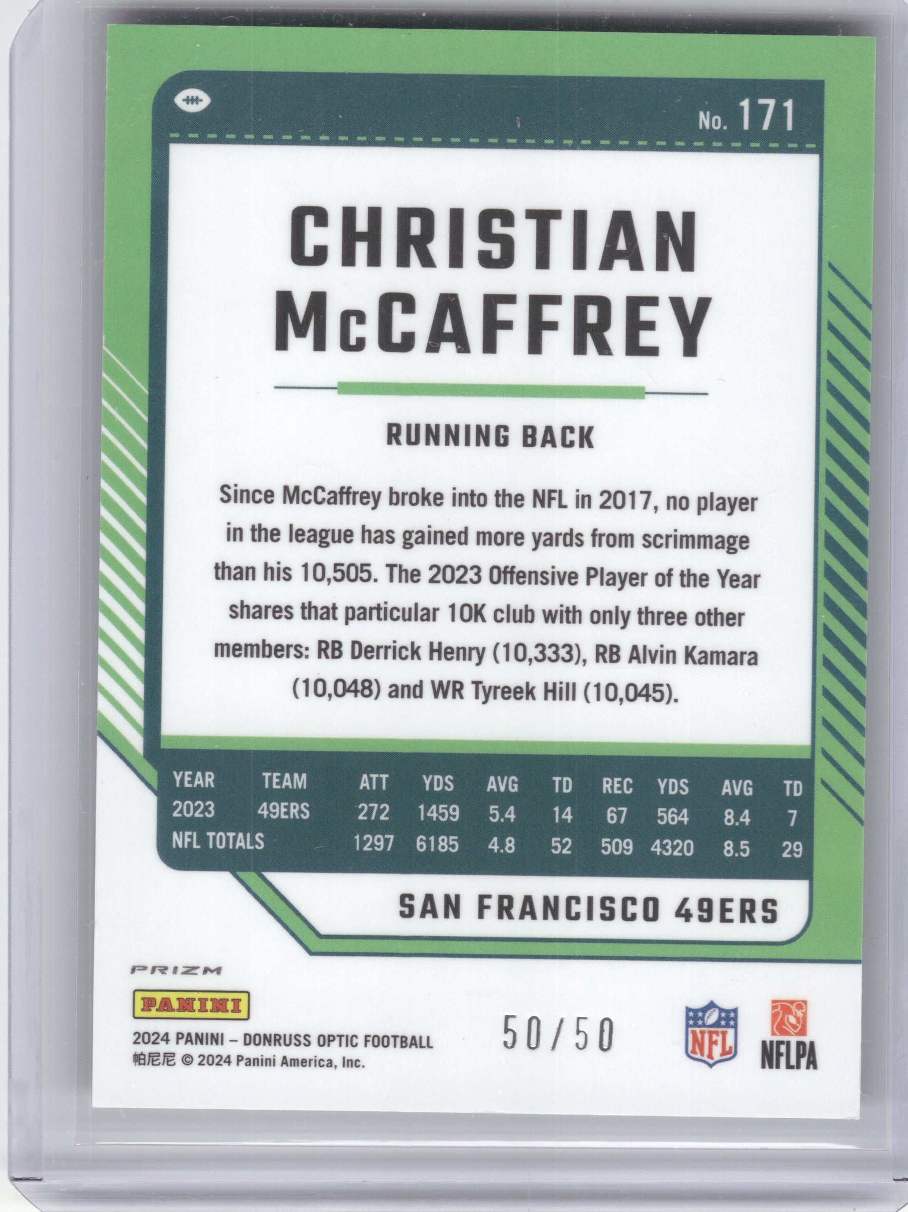 2024 Donruss Optic #171 Christian McCaffrey Lime Green Book End San Francisco 49ers SN