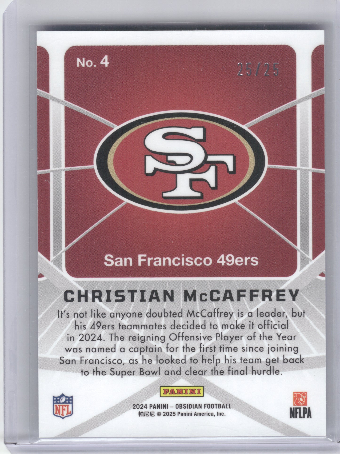 2024 Panini Obsidian #4 Christian McCaffrey Atomic Initials Blue #/25 San Francisco 49ers SN