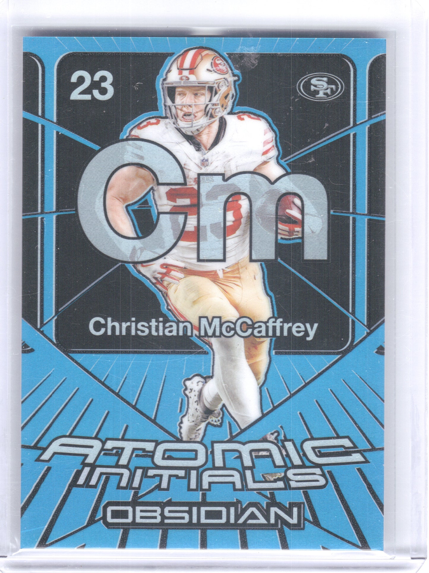 2024 Panini Obsidian #4 Christian McCaffrey Atomic Initials Blue #/25 San Francisco 49ers SN