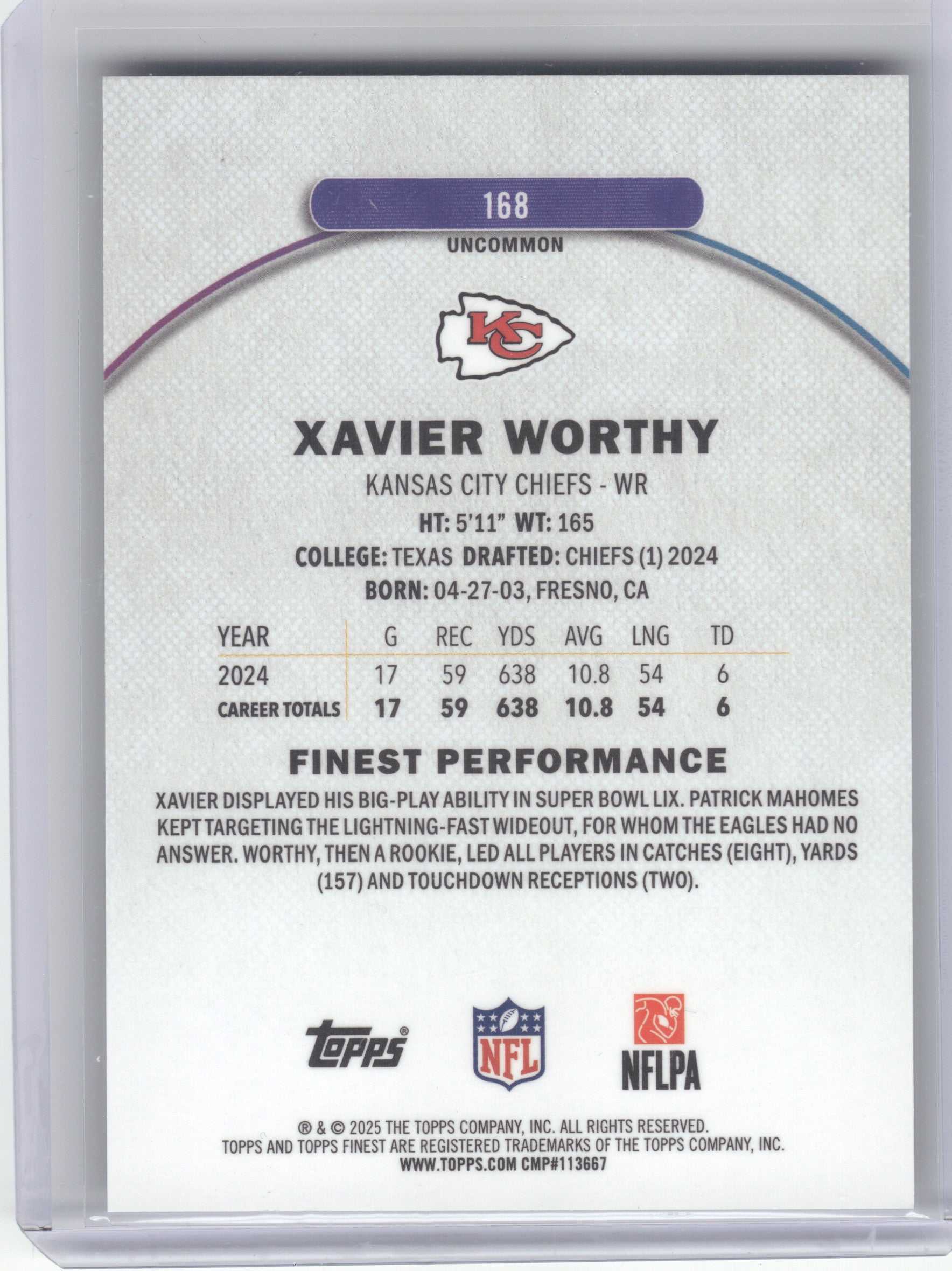 2025 Finest #168 Xavier Worthy Green Geometric Refractor #/35 Kansas City Chiefs SN