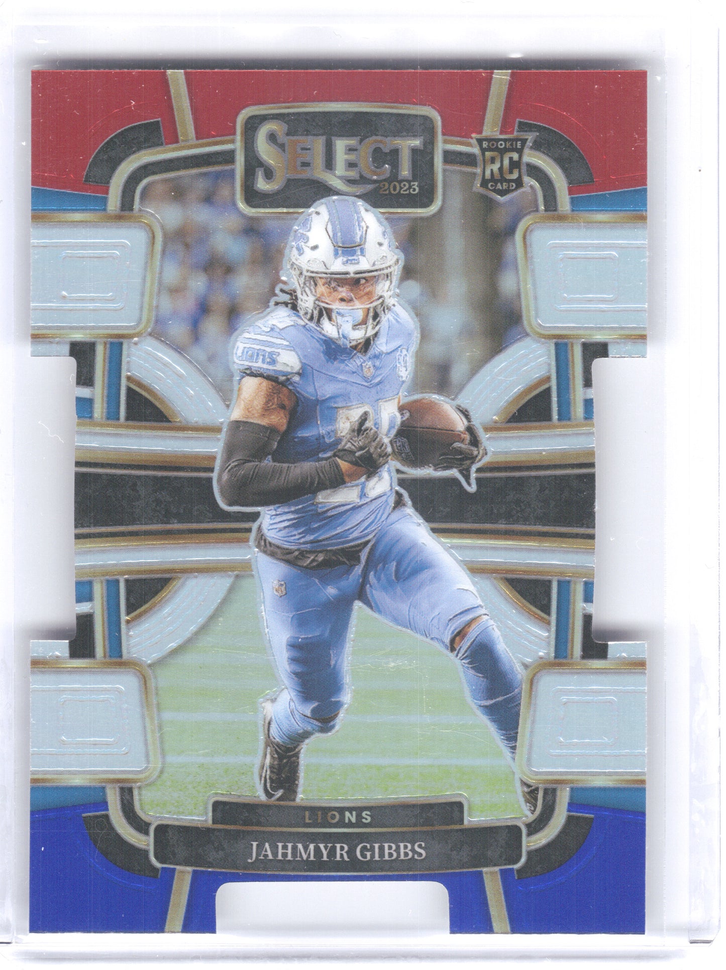 2023 Panini Select #34 Jahmyr Gibbs Red and Blue Prizms Die Cuts Detroit Lions RC