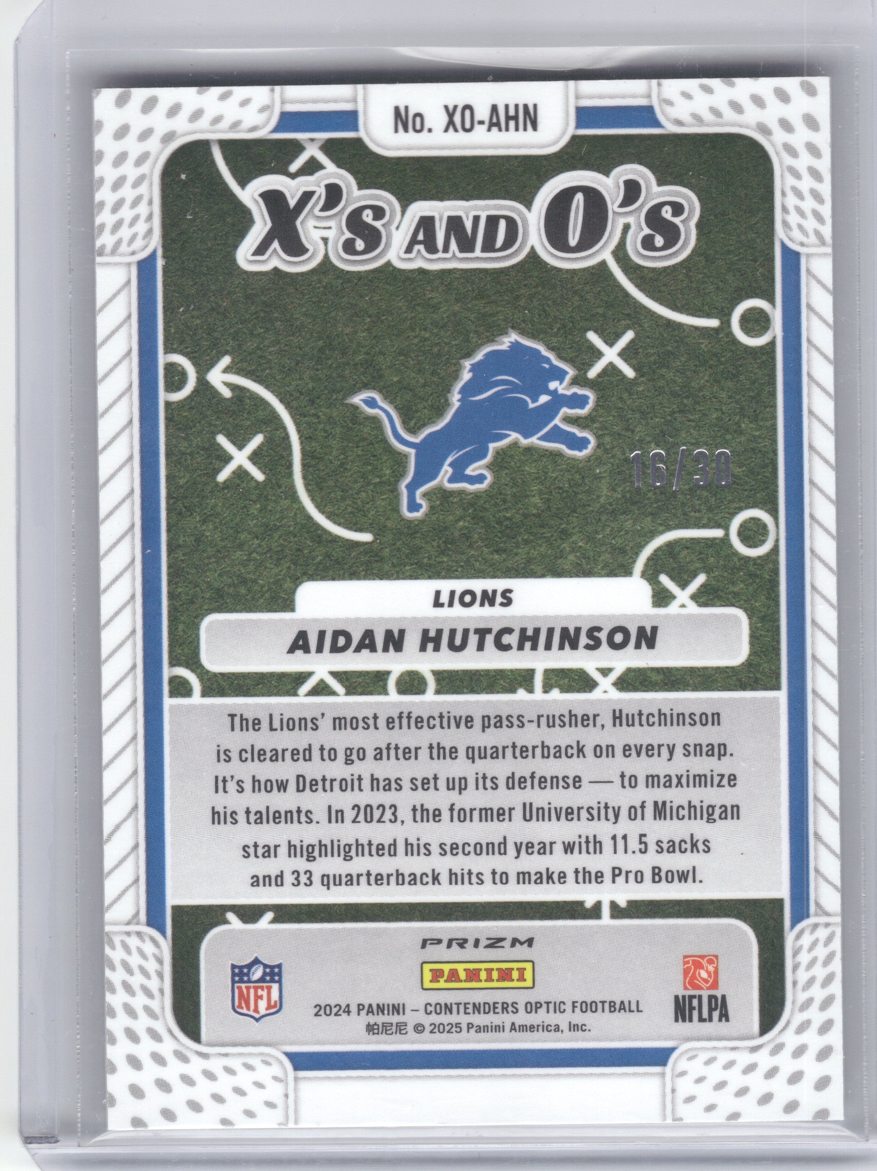 2024 Panini Contenders Optic #XO-AHN Aidan Hutchinson Xs and Os Green Pulsar #/30 Detroit Lions SN