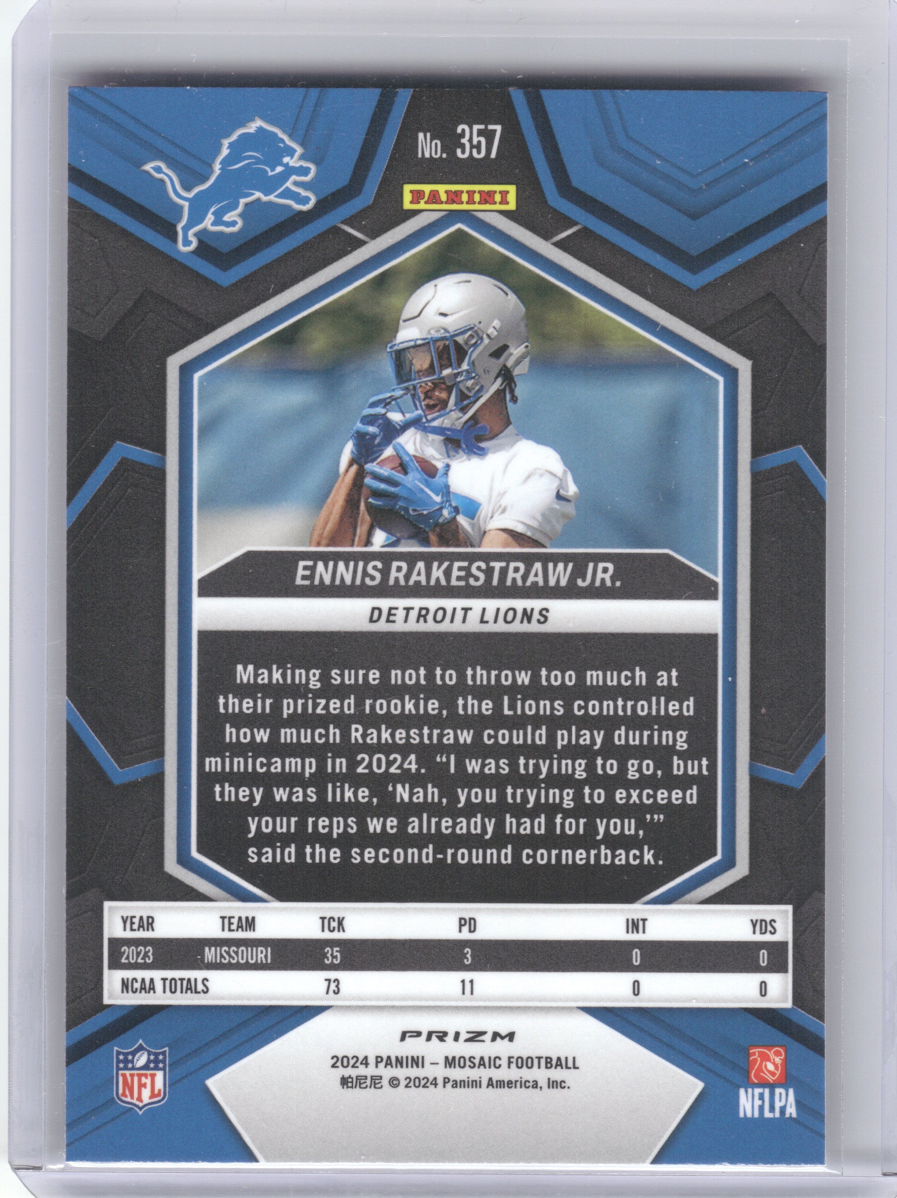 2024 Panini Mosaic #357 Ennis Rakestraw Jr. Mosaic Camo Pink Detroit Lions