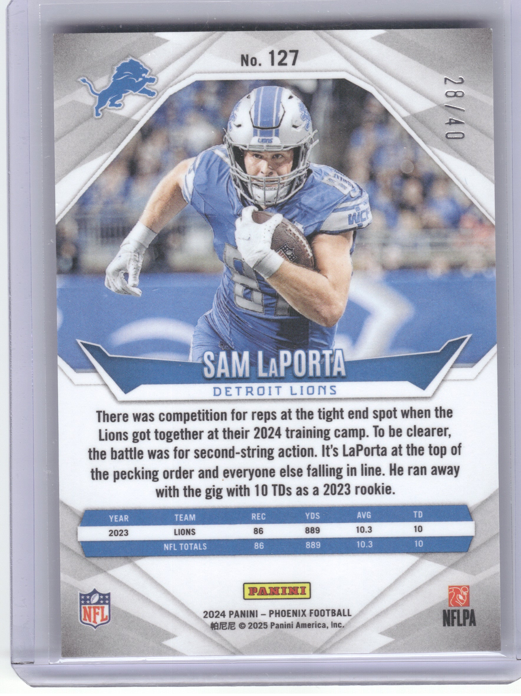 2024 Panini Phoenix #127 Sam LaPorta Pink #/40 Detroit Lions SN