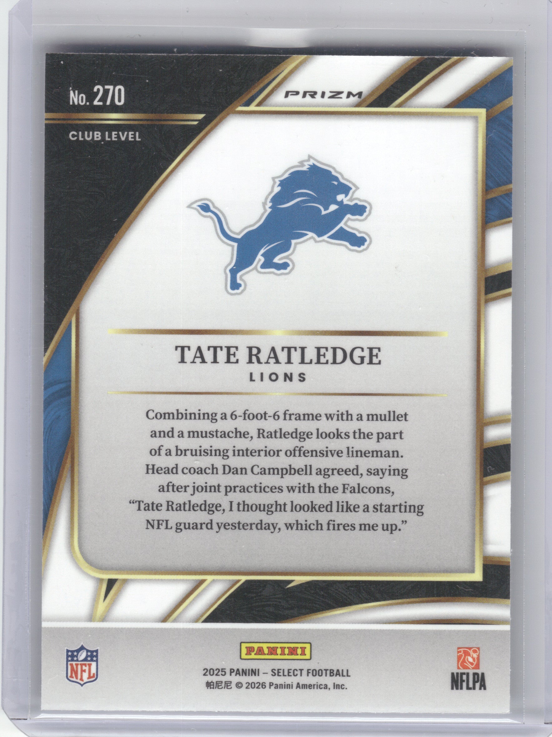 2025 Panini Select #270 Tate Ratledge Silver Prizm Detroit Lions