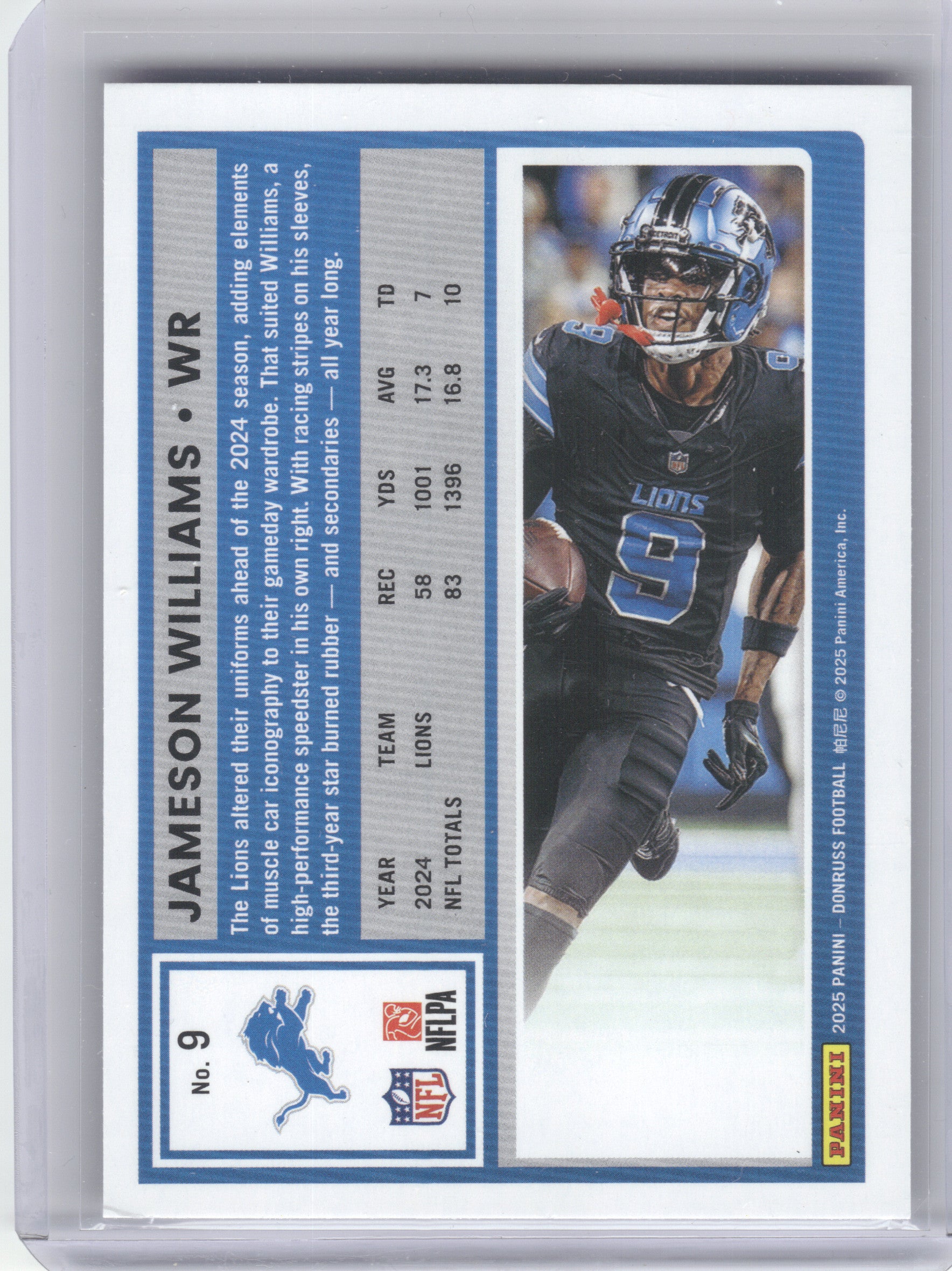 2025 Donruss #9 Jameson Williams Press Proofs Purple Detroit Lions
